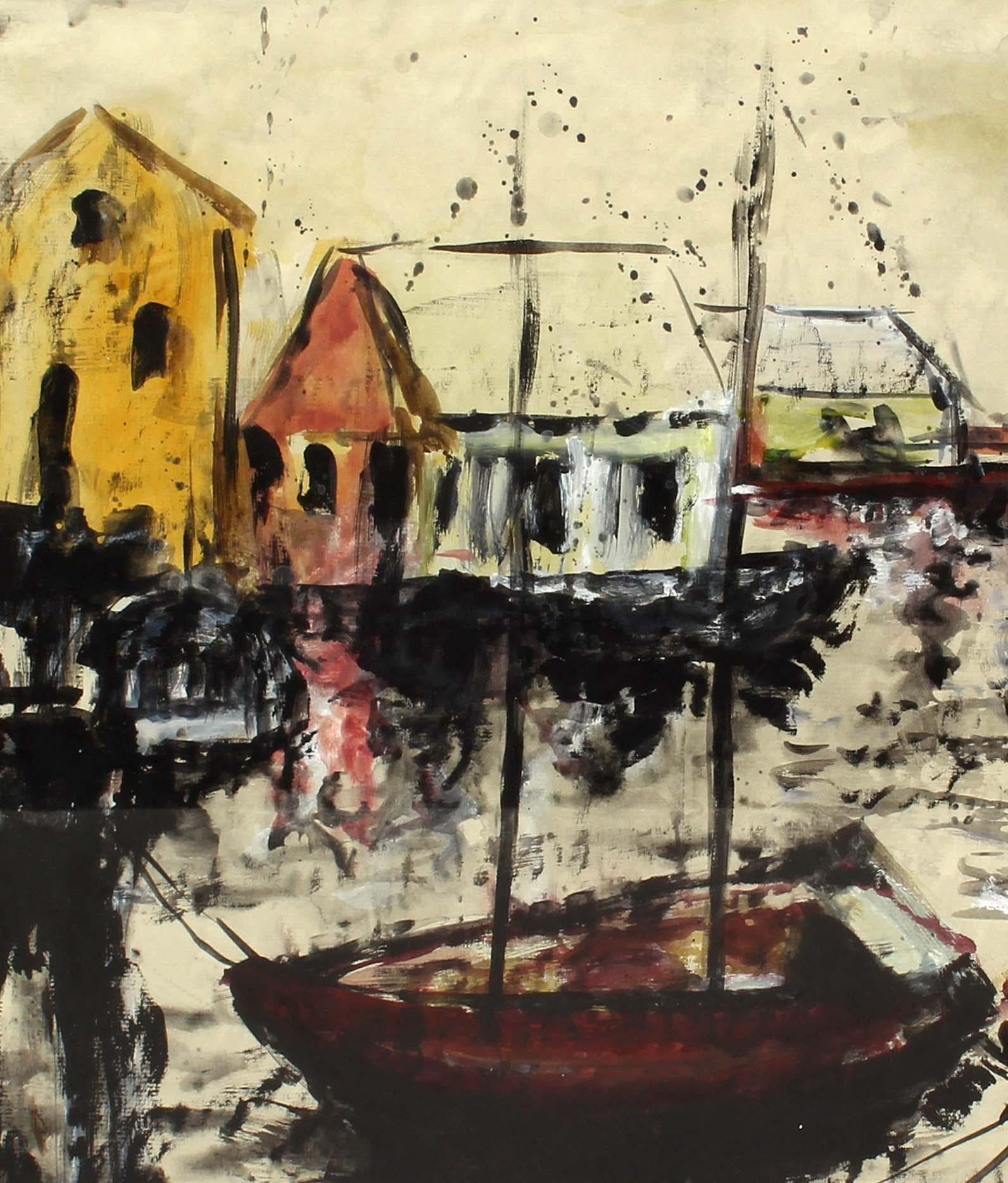 Dorothy Rivo
Gloucester Harbor, ca. 1950er Jahre
Aquarell und Tinte auf Papier
Gerahmte Abmessungen: 34 in. H × 30 in. W
Moderner schwarzer Rahmen mit weißem Passepartout

In Gloucester Harbor fängt Dorothy Rivo die düstere Schönheit eines