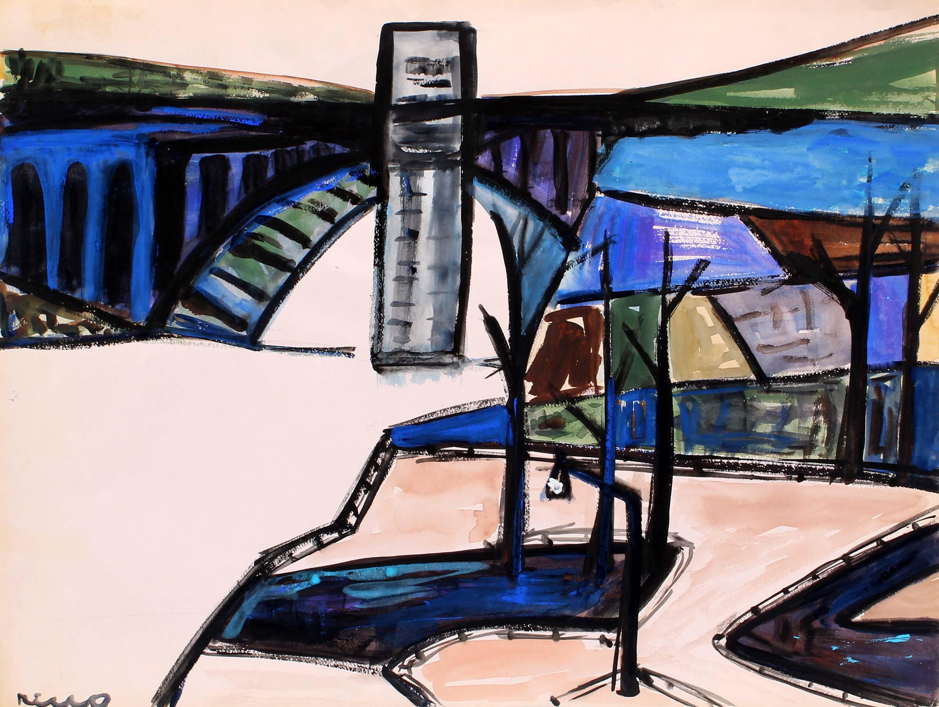 Aquarell Malerei American Modern Painting Bridge Harbor Weibliche Künstlerin 1950 (Amerikanische Moderne), Art, von Dorothy Rivo