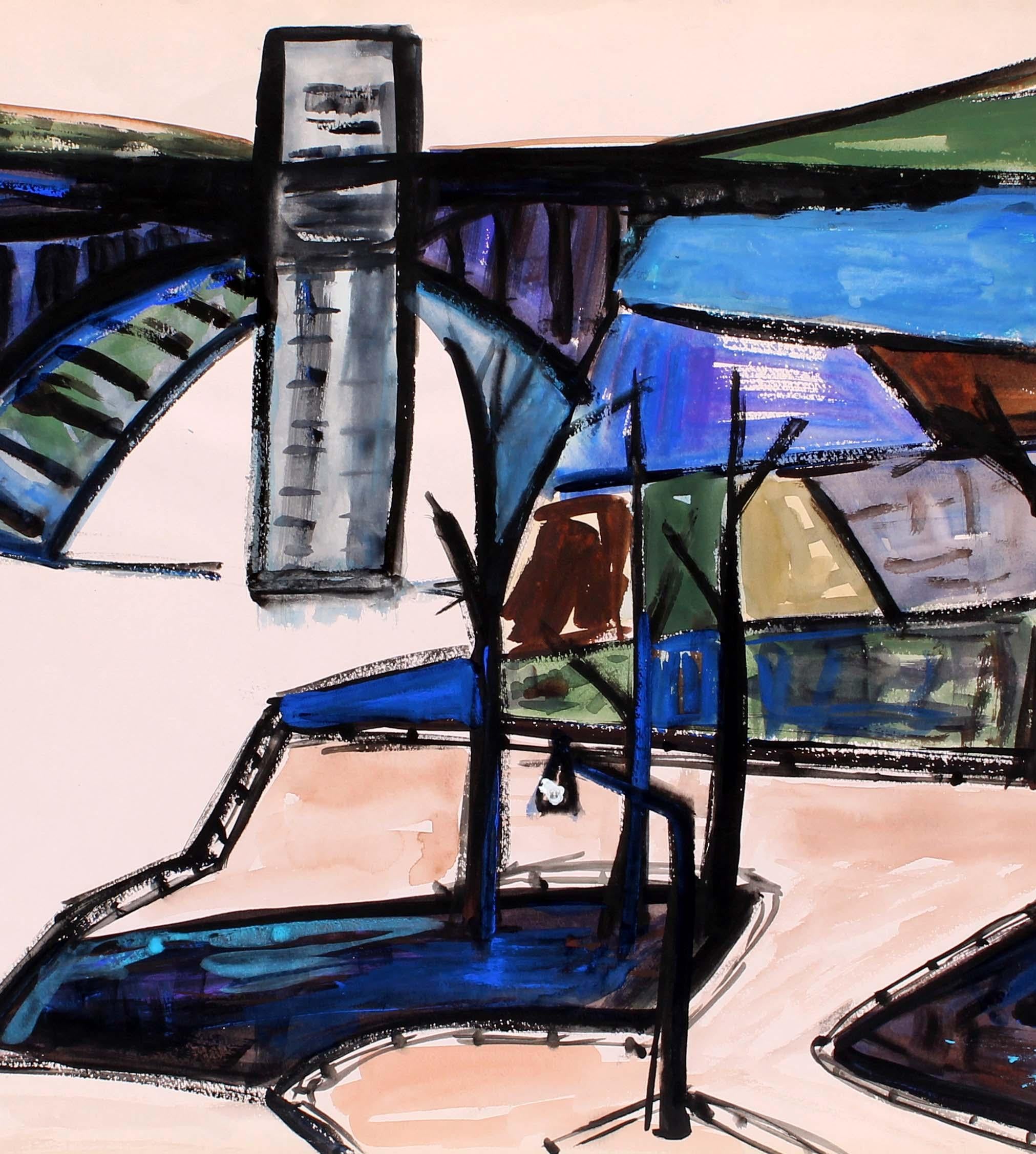 Aquarell Malerei American Modern Painting Bridge Harbor Weibliche Künstlerin 1950 – Art von Dorothy Rivo