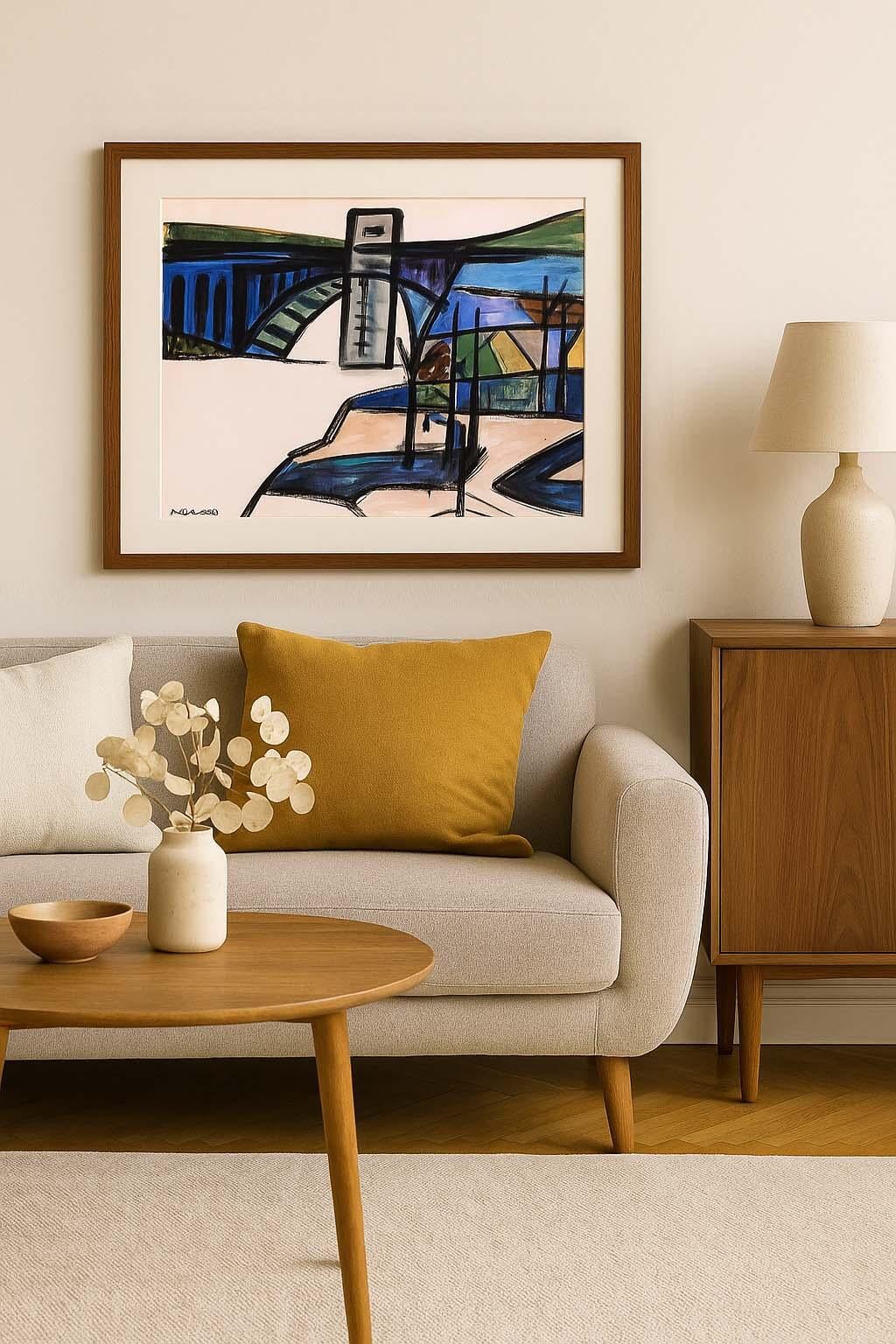 Aquarell Malerei American Modern Painting Bridge Harbor Weibliche Künstlerin 1950 (Grau), Landscape Art, von Dorothy Rivo