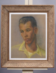 American Modernist Handsome Male Portrait Framed Pastel Drawing