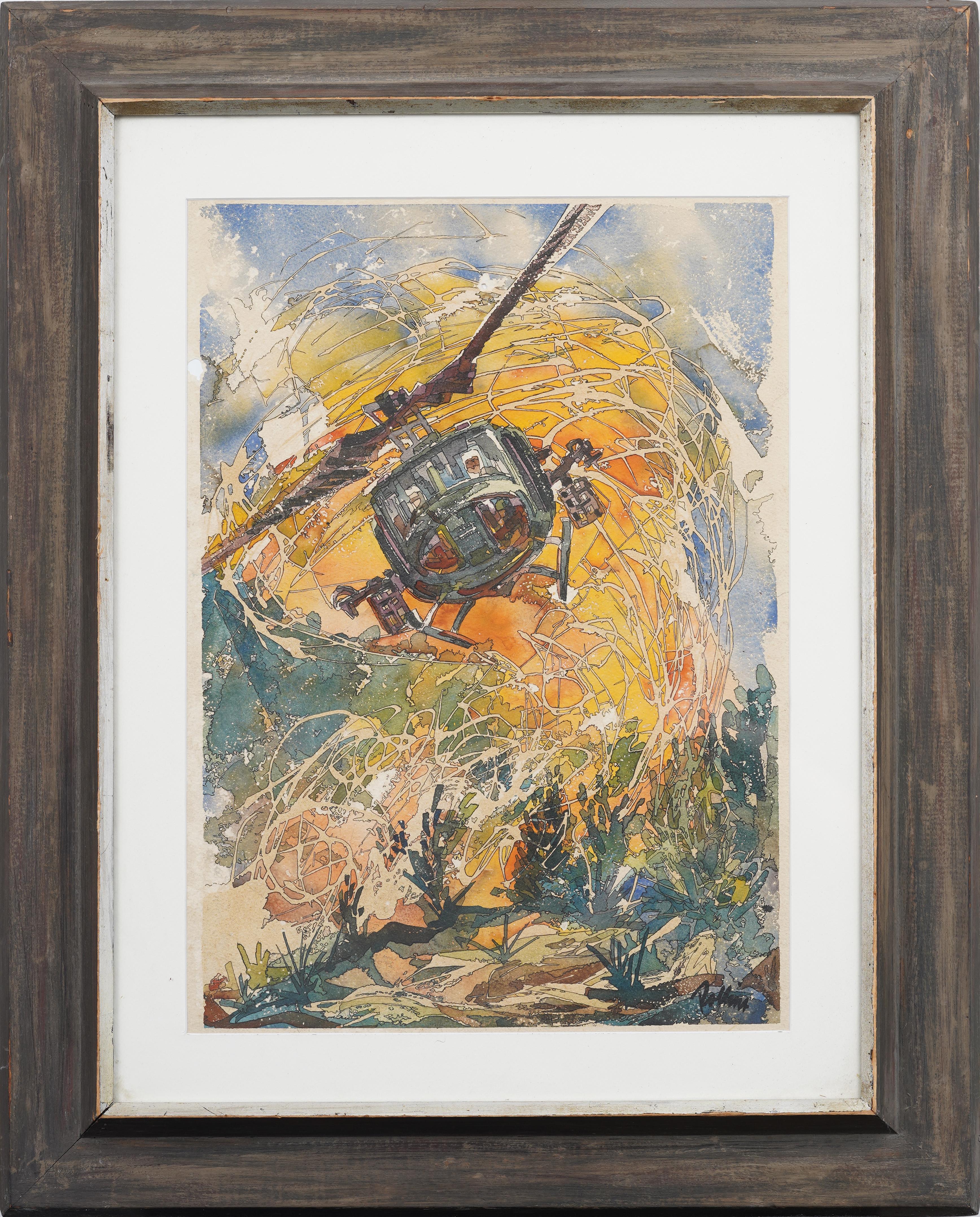 Unknown Figurative Art - Fantastic Vietnam War Psychedelic Helicopter Hellscape Watercolor Painting