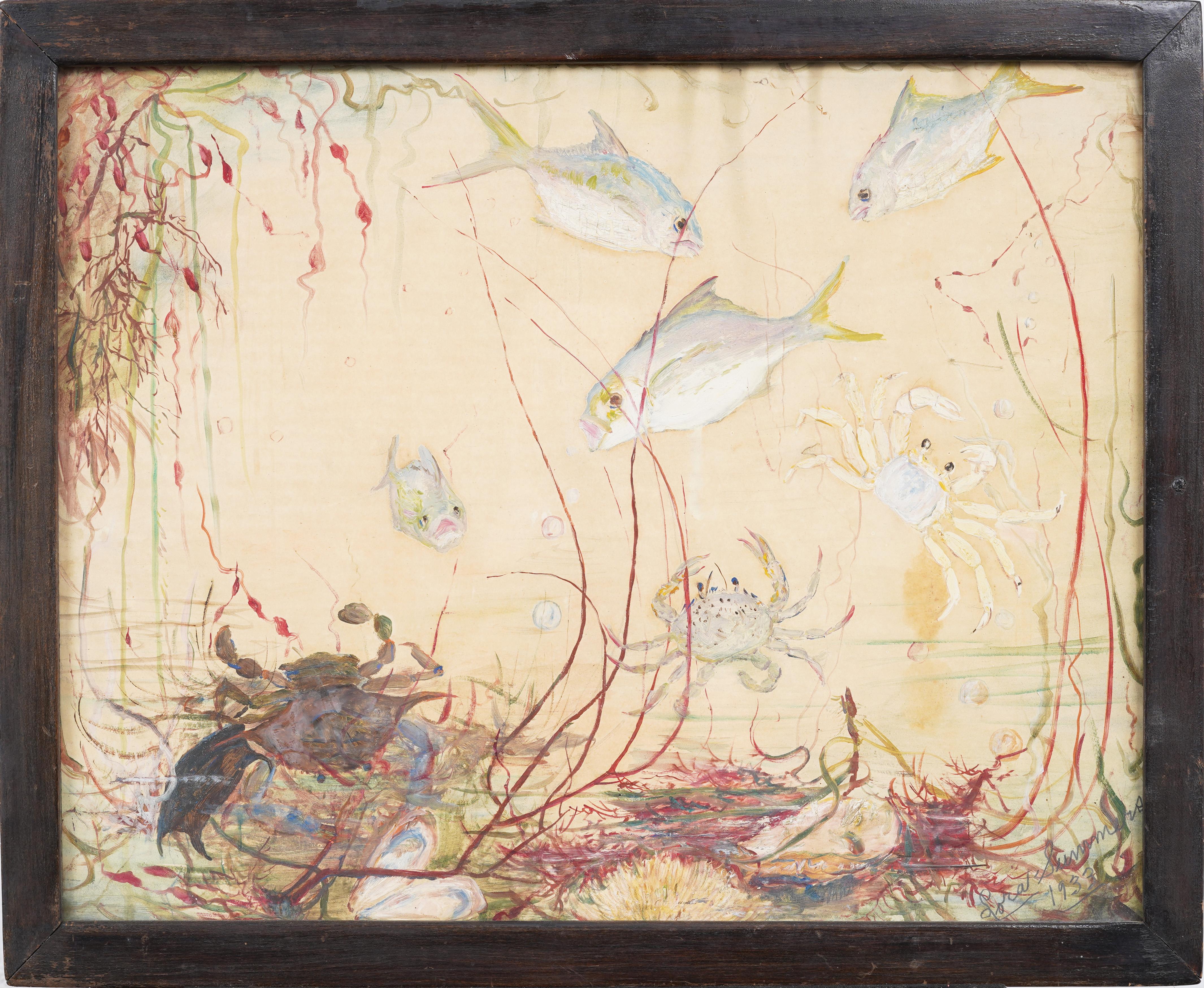 Antique American Underwater Animal Seascape Watercolor Painting