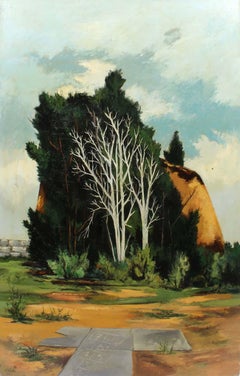 1940 Modernist Figurative Landscape Painting American Hopscotch Surreal
