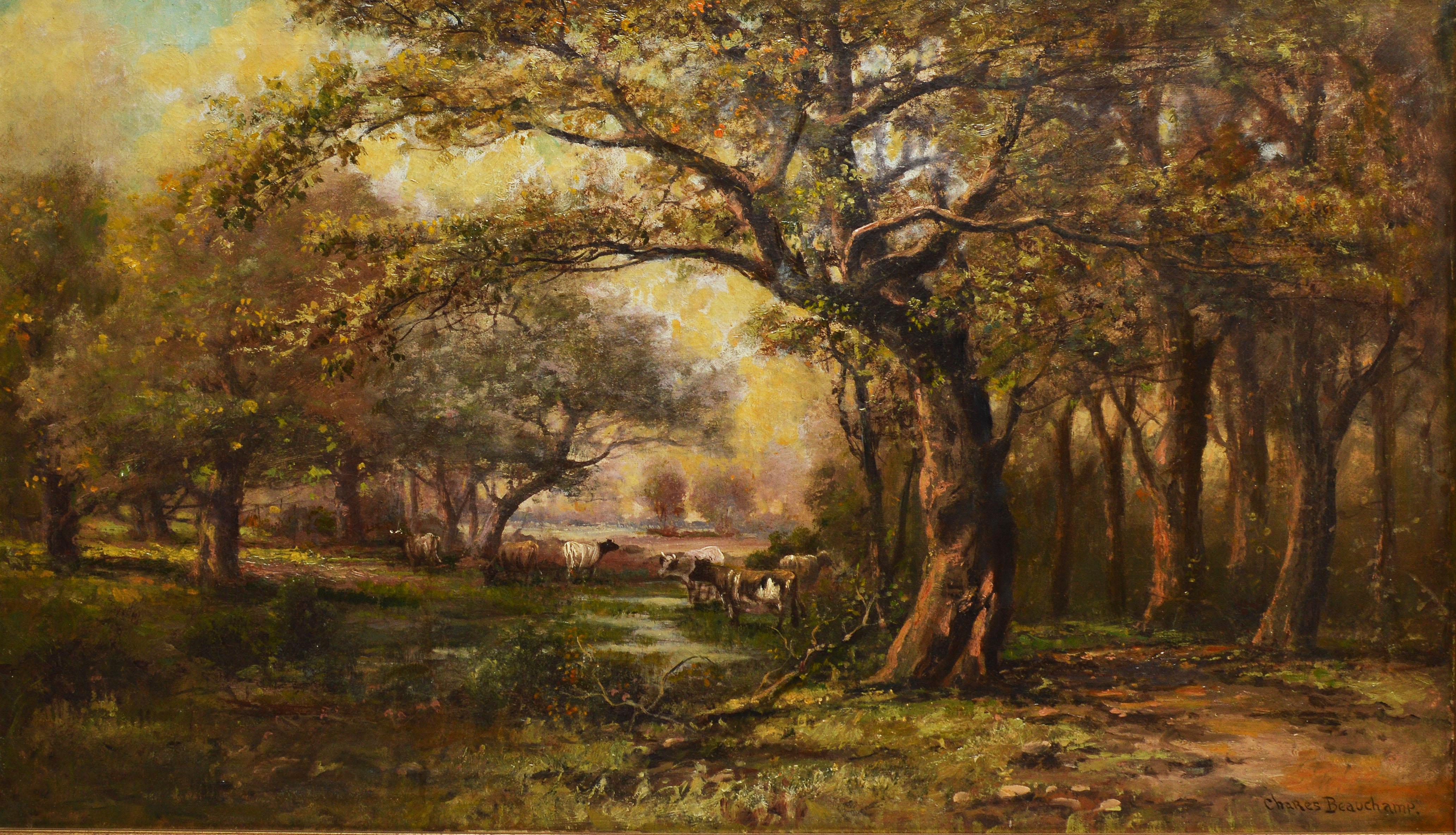 Impressionist view of a forest with cows by Charles Beauchamp.   Oil on canvas, circa 1880.  Signed lower right.  Displayed in a giltwood impressionist frame.  Image size, 36