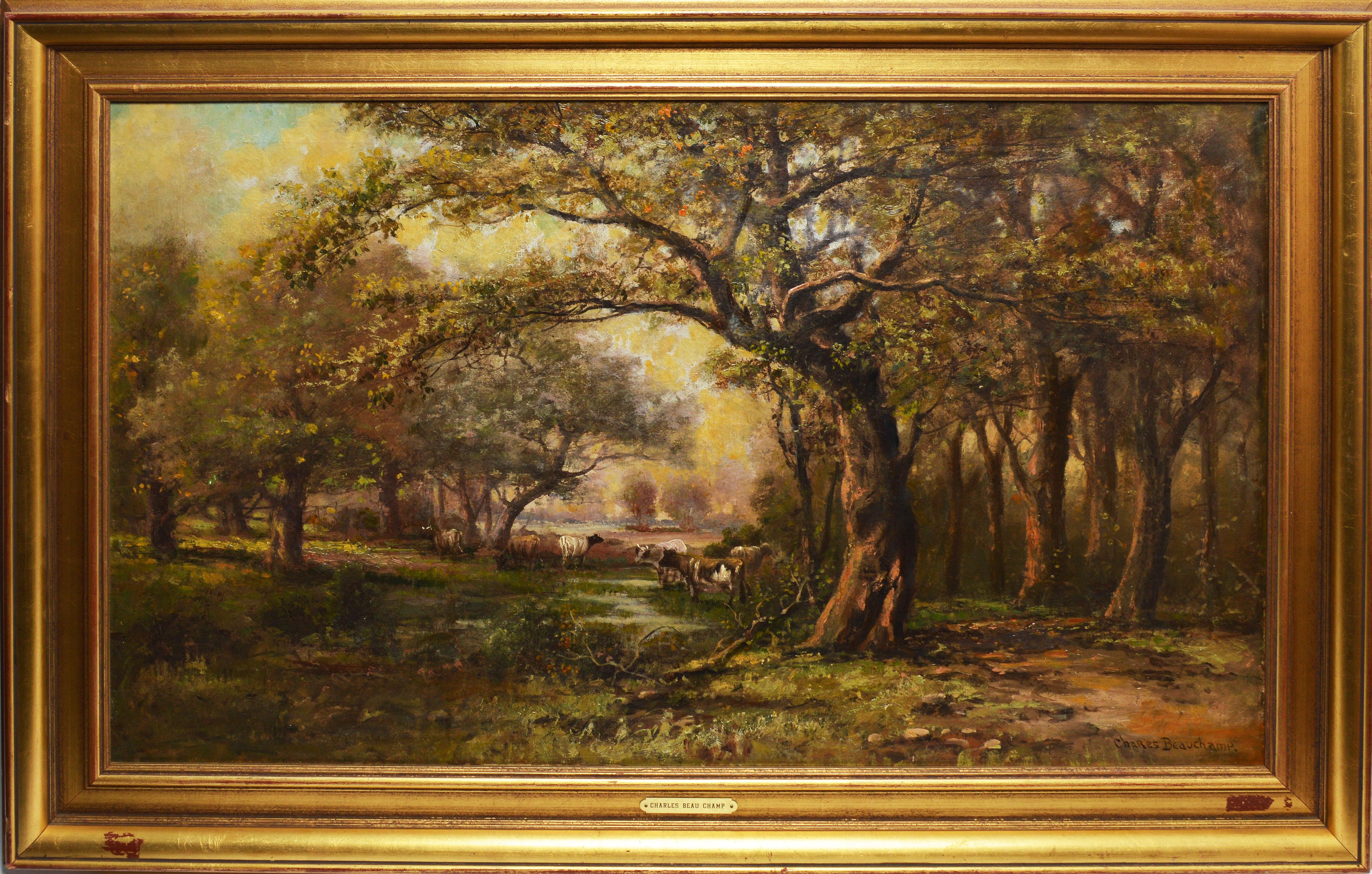 Chares Beauchamp Animal Painting - 19th Century Impressionist Forest View with Cows