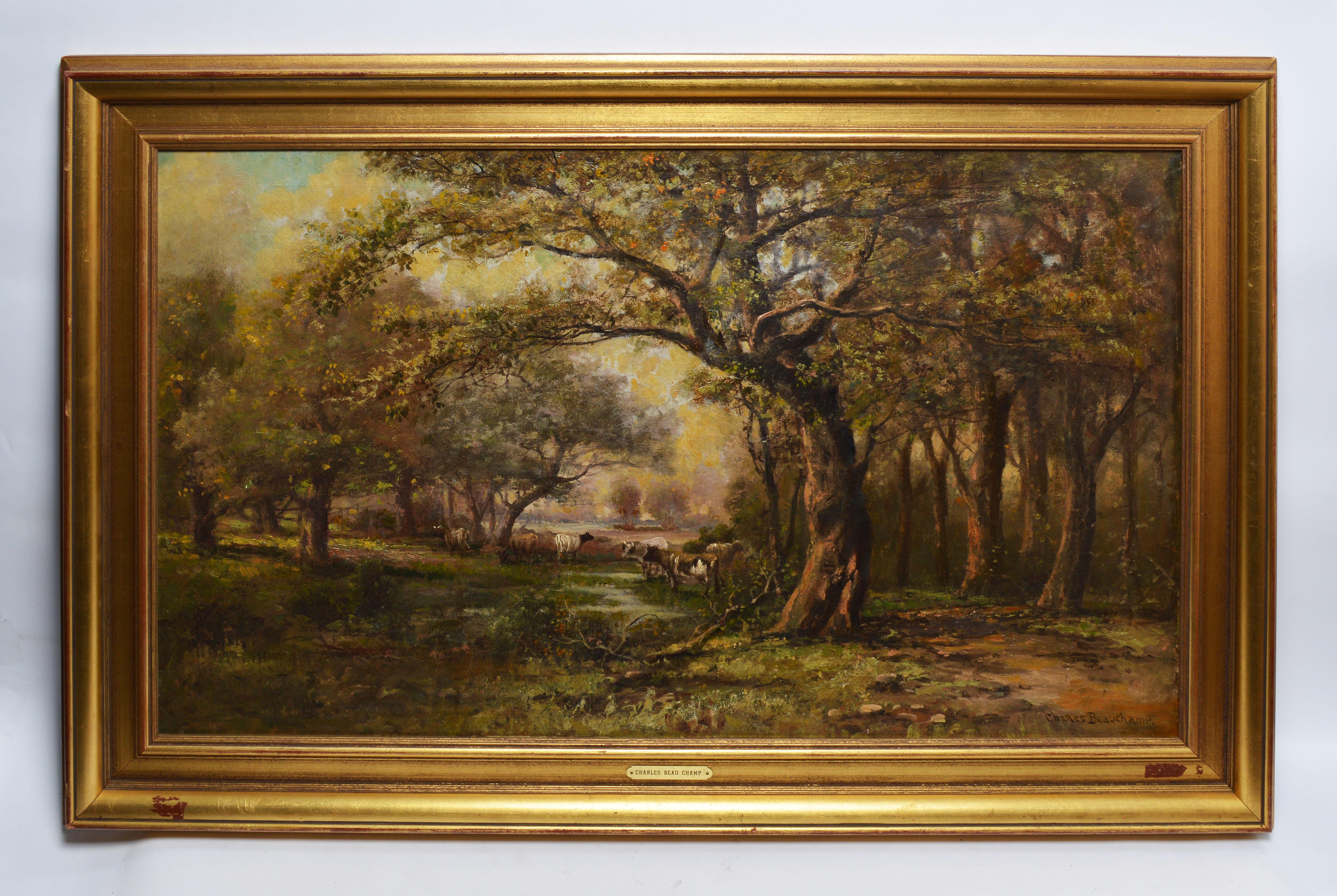 19th Century Impressionist Forest View with Cows - Painting by Chares Beauchamp