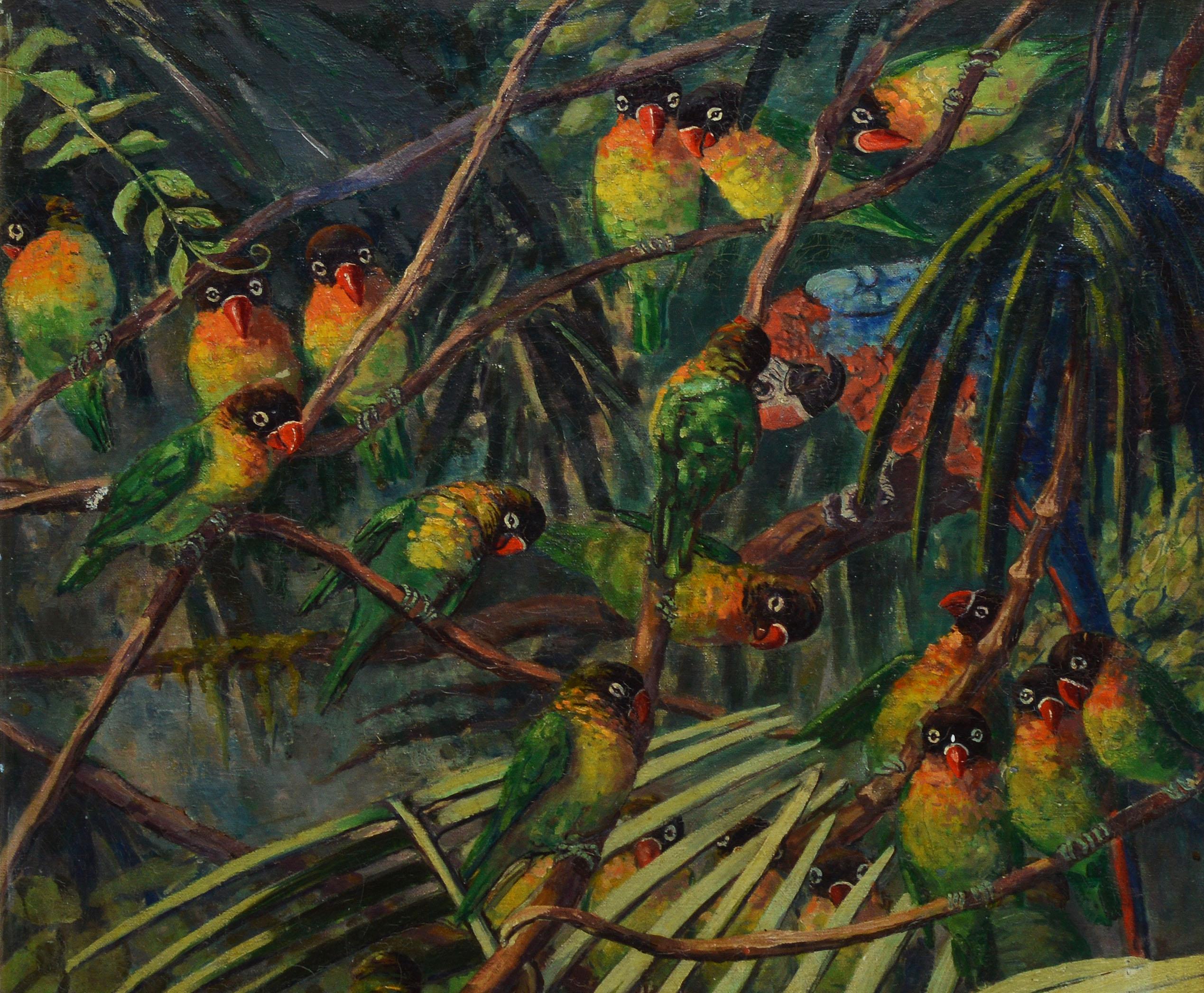 Antique American Impressionist Oil Painting of Tropical Birds by Elizabeth Fulda 5