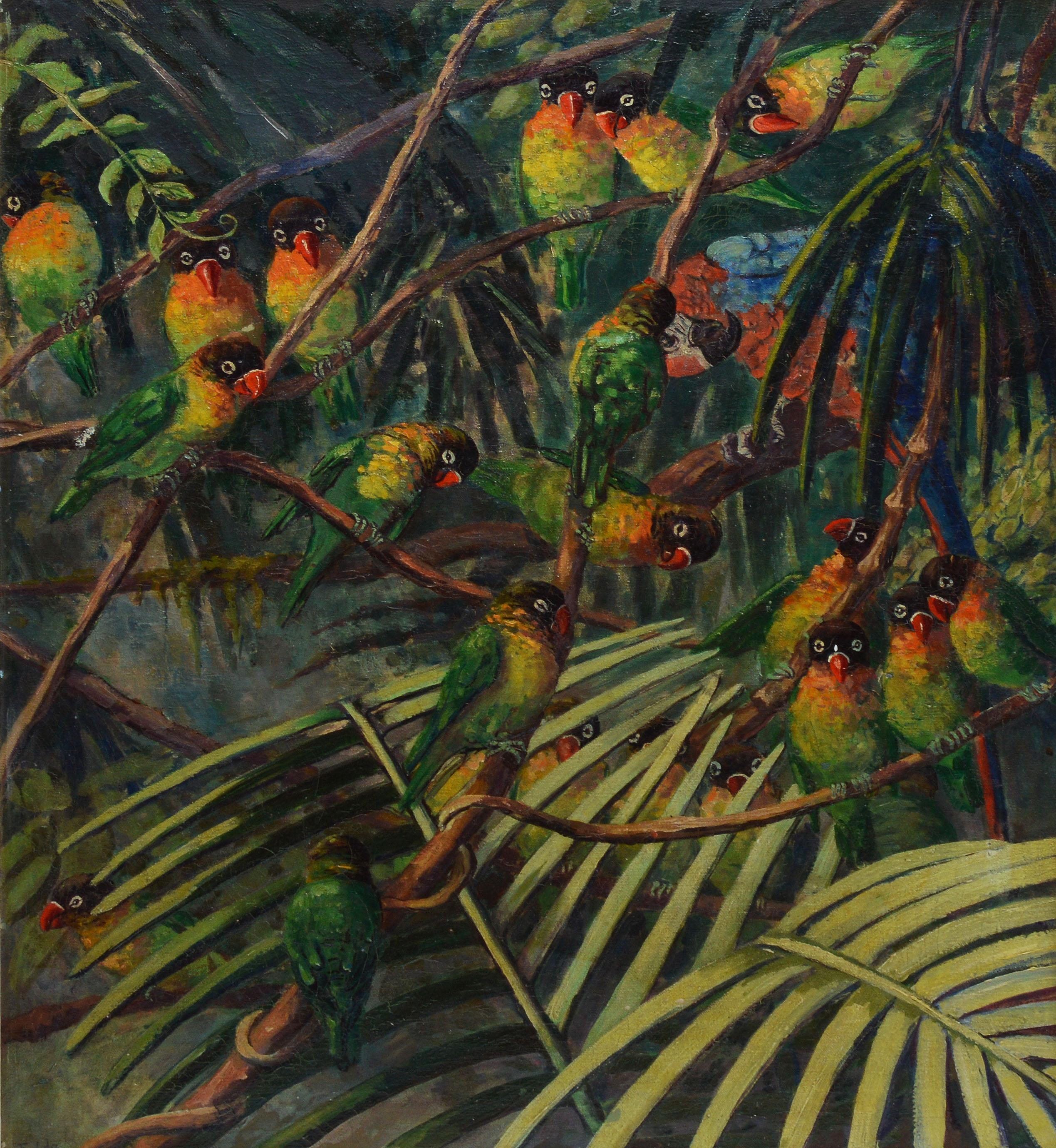 Antique American Impressionist Oil Painting of Tropical Birds by Elizabeth Fulda 2
