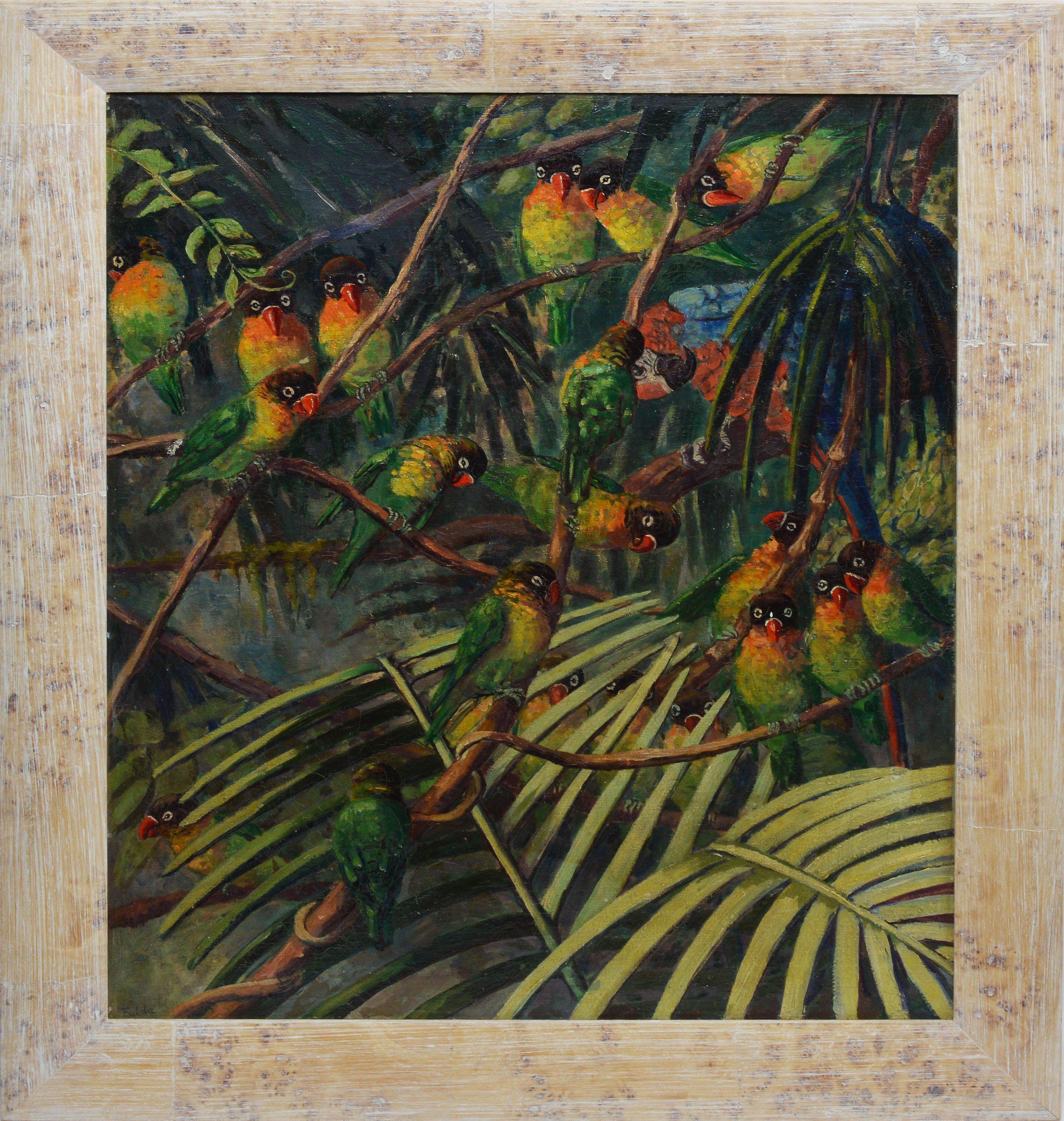 Impressionist view of tropical birds by Elizabeth Fulda  (1879 - 1968).  Oil on canvas, circa 1920.  Signed lower left. Displayed in a white wood impressionist frame.  Image size, 21"L x 26"H, overall 26"L x 31"H.