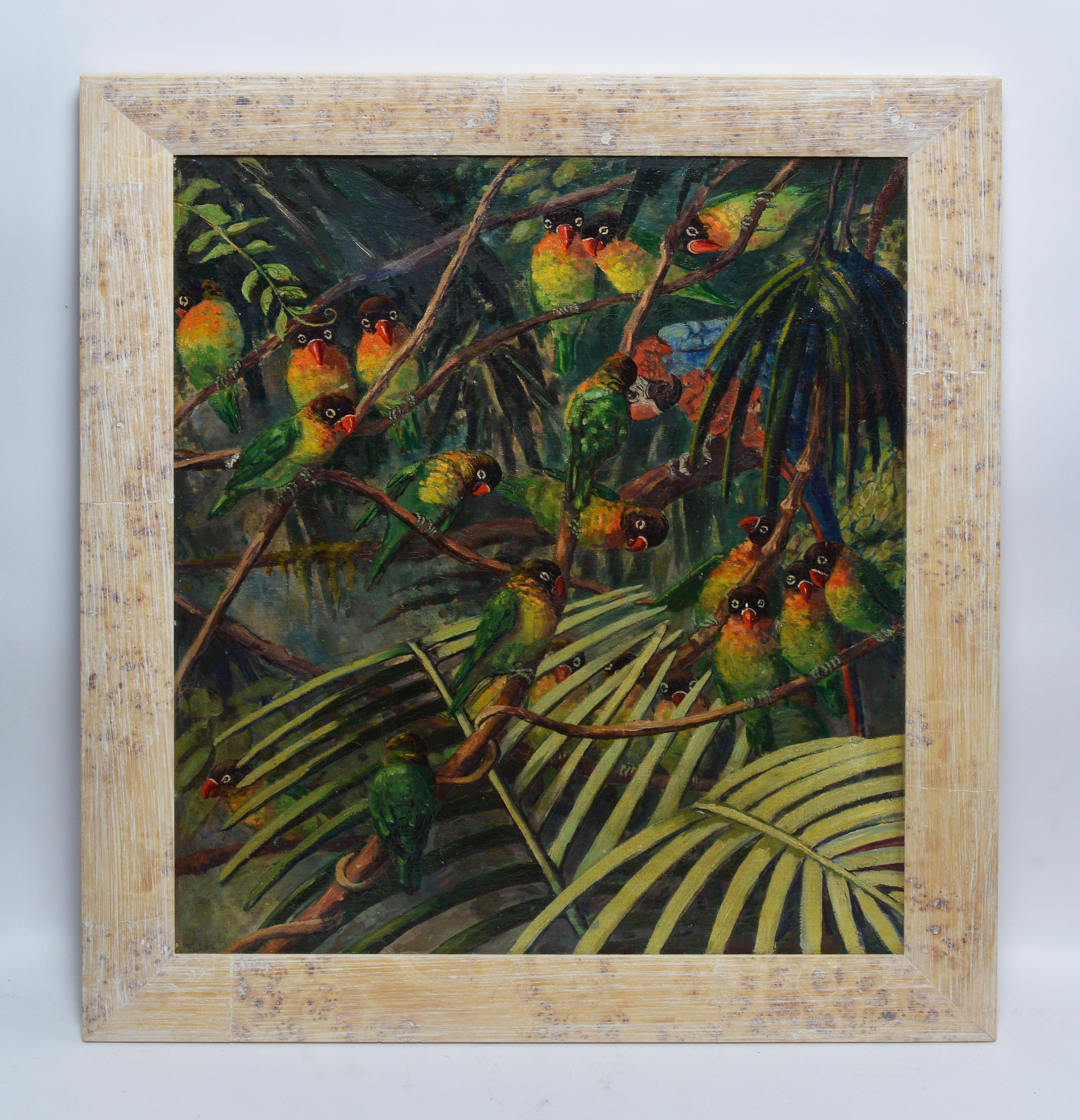 Antique American Impressionist Oil Painting of Tropical Birds by Elizabeth Fulda 1