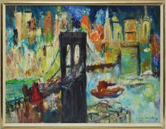 American School, Mid Century Modern Oil Painting of the Brooklyn Bridge
