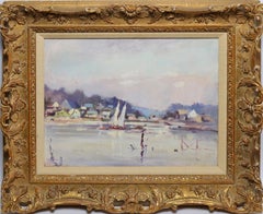 Antique American Impressionist Harbor View with Boats by Arnold Turtle