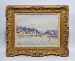 Antique American Impressionist Harbor View with Boats by Arnold Turtle