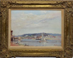 Antique American Impressionist Harbor View with Boats by Arnold Turtle