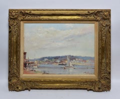 Antique American Impressionist Harbor View with Boats by Arnold Turtle