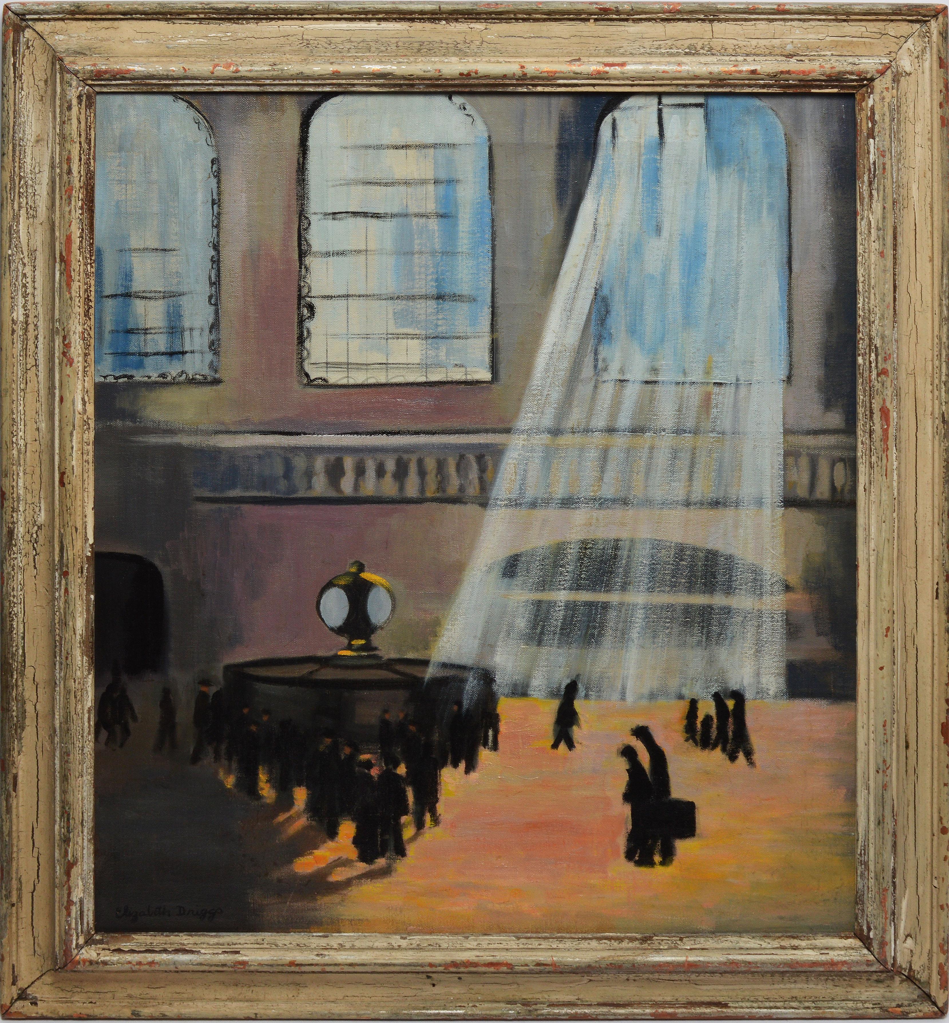 Antique American modernist oil painting of Grand Central Terminal in New York City..  Oil on canvas, circa 1930.  Signed lower left.  Displayed in a period modernist frame.  Image size, 24"L x 28"H, overall 20"L x 24"H.
