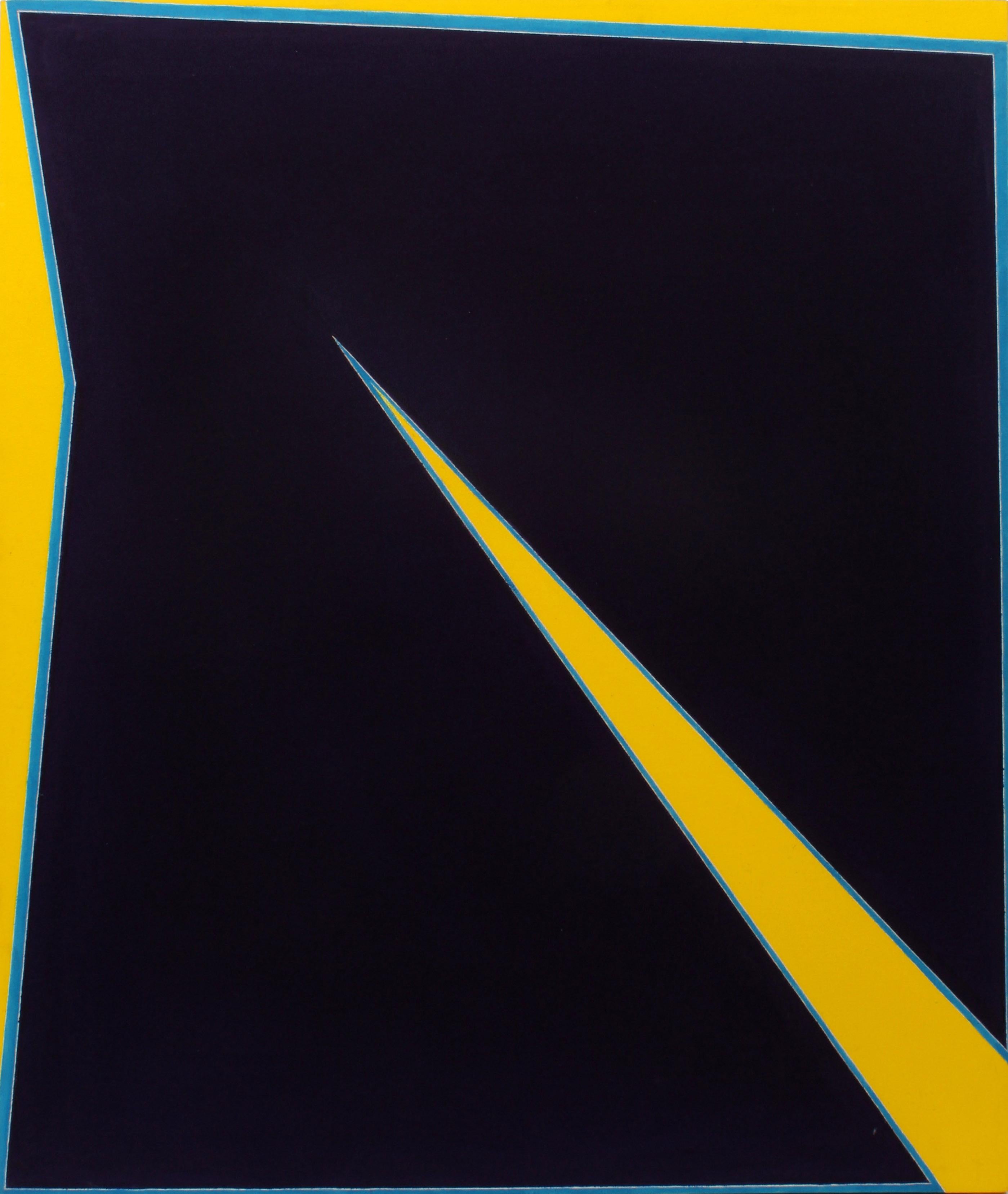 Martica Miguens Abstract Painting – Minimalistisches Gemälde, New York, amerikanische Künstlerin, weiblich, blau, schwarz und gelb, 1974 