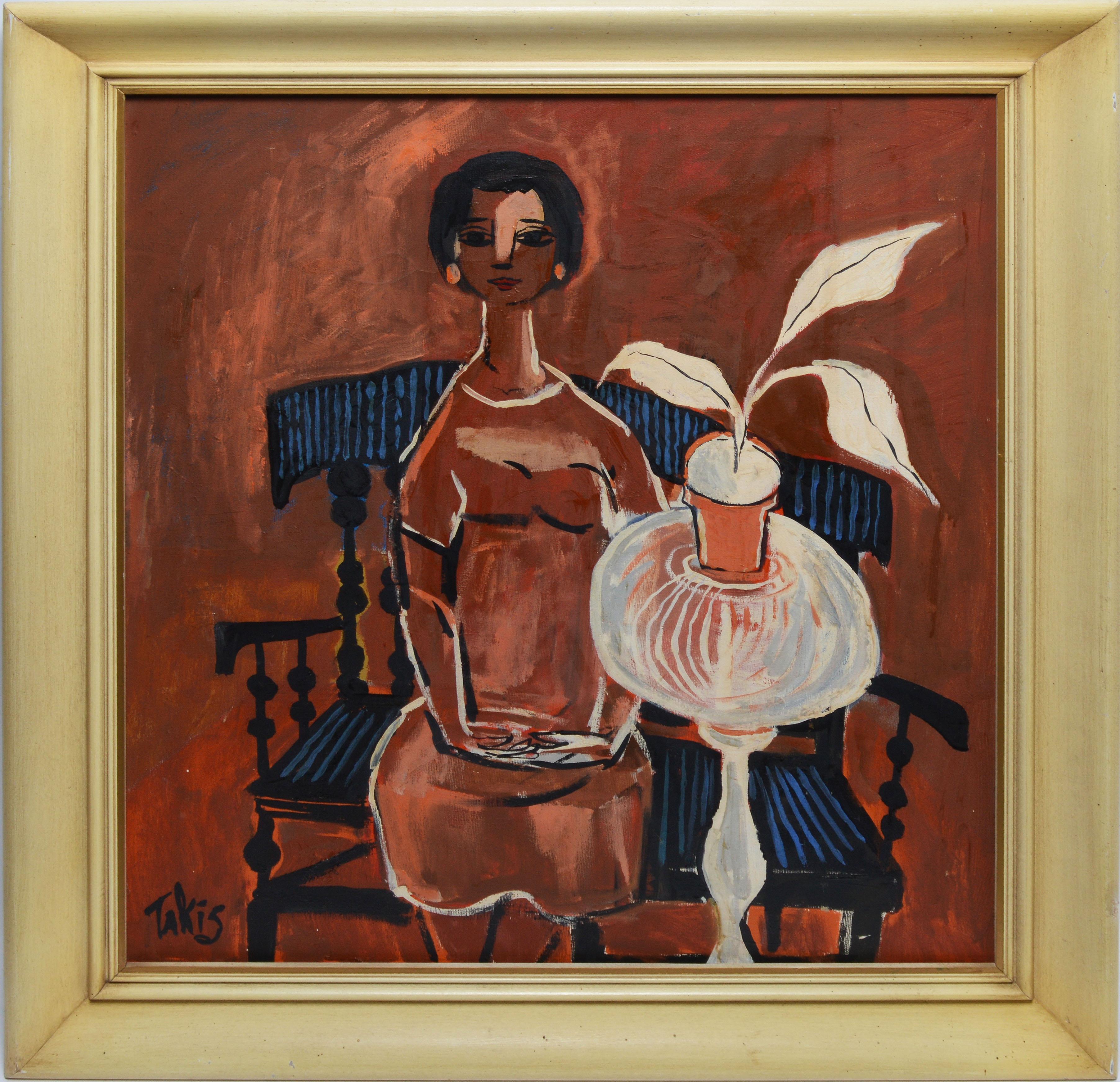 Vintage modernist portrait and still life by Nicholas Takis  (1903 - 1965). Oil on canvas, circa 1945. Signed.  Displayed in a period modernist frame.  Image, 20"L x 24"H, overall 25"L x 29"H.