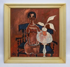 Vintage Modernist Oil Painting "Portrait of a Woman & Flowers" by Nicholas Takis