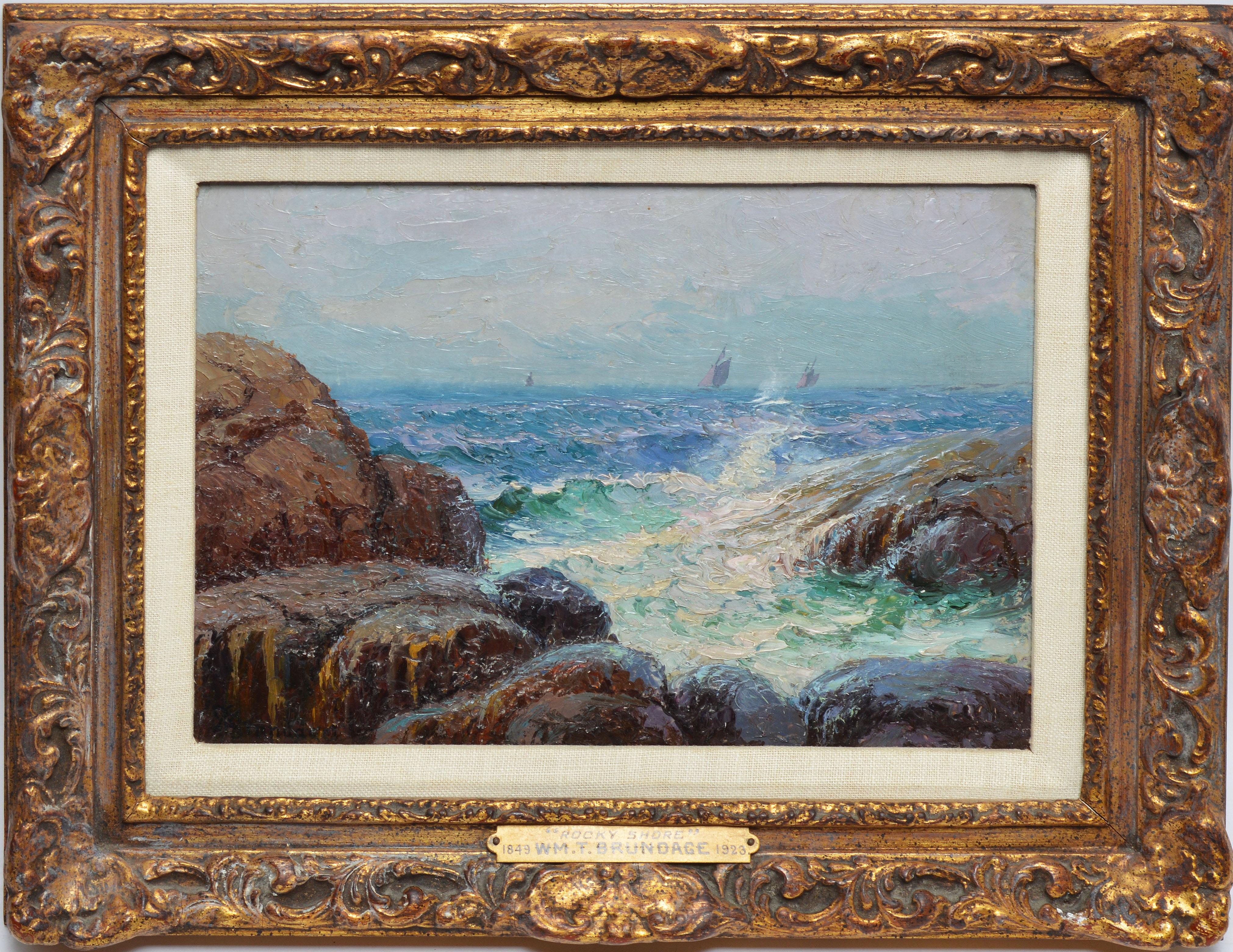Antique American Impressionist oil painting of a beach.  Oil on board, circa 1900. Signed lower left.  Displayed in a vintage giltwood frame.  Image, 11.5"L x 8.5"H, overall 16"L x 13"H.