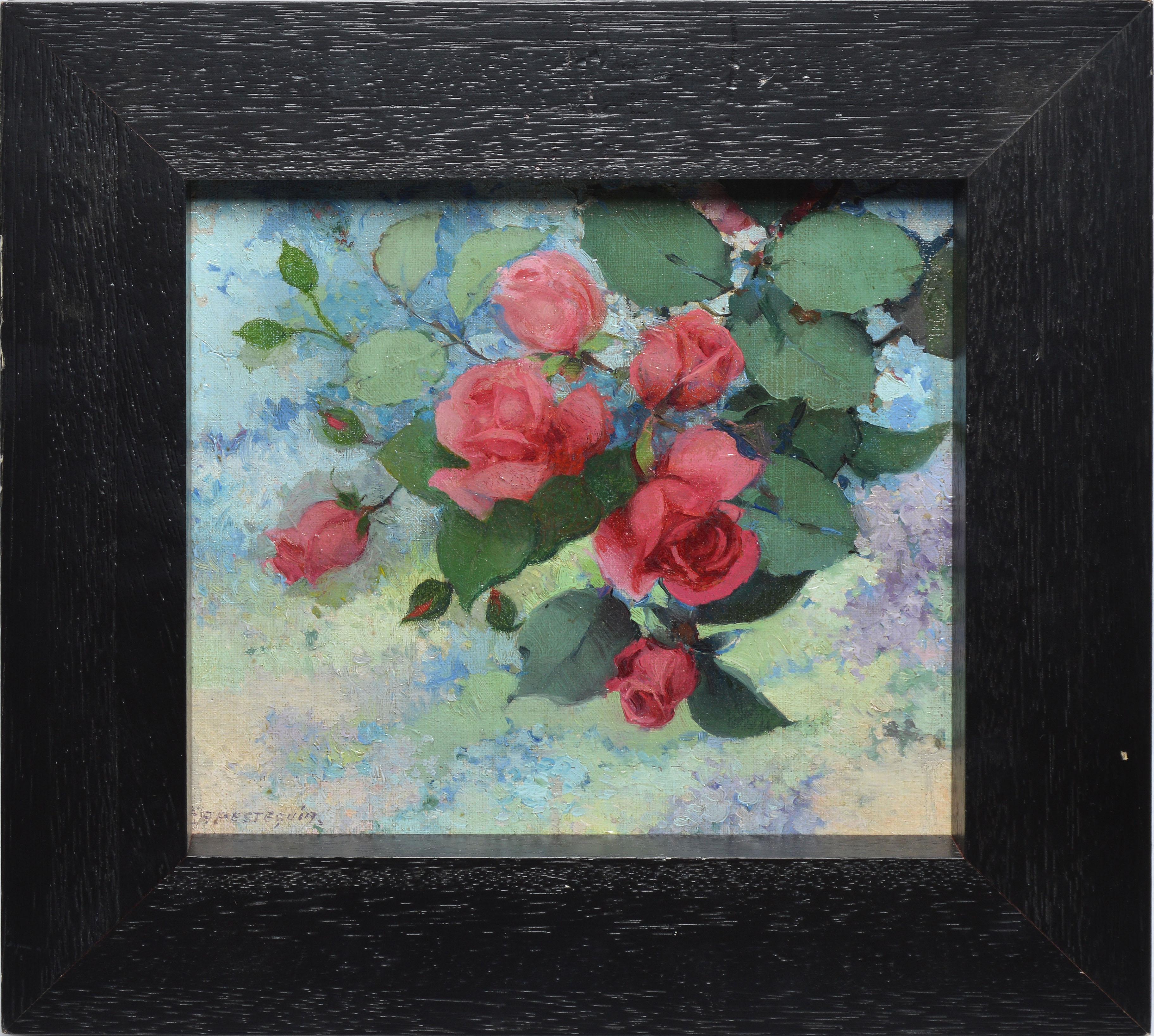 Antique Peruvian impressionist oil painting of flowers by Efren Pelayo Apesteguia  (born 1900).  Oil on canvas, circa 1930.  Signed lower left.  Displayed in an impressionist frame.  Image size, 10"L x 9.5"H, overall 14.5"L x 13.5"H.