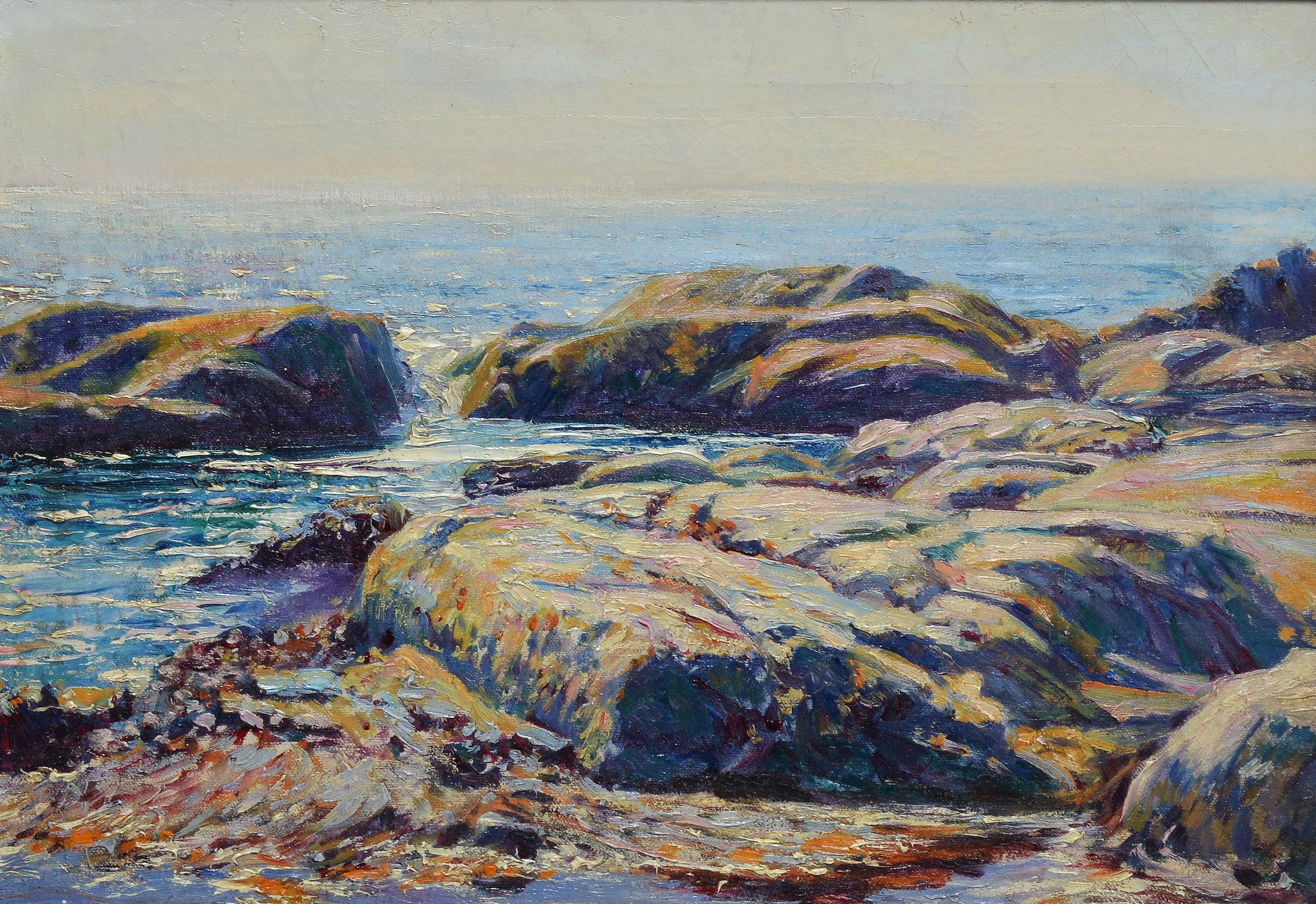 Antikes amerikanisches impressionistisches Ölgemälde einer Küste Neuenglands von Joseph Hatfield (1863 - 1928). Öl auf Leinwand:: um 1900. Links unten links signiert. In einem vergoldeten Holzrahmen aus der Zeit ausgestellt. Das Bild ist 20