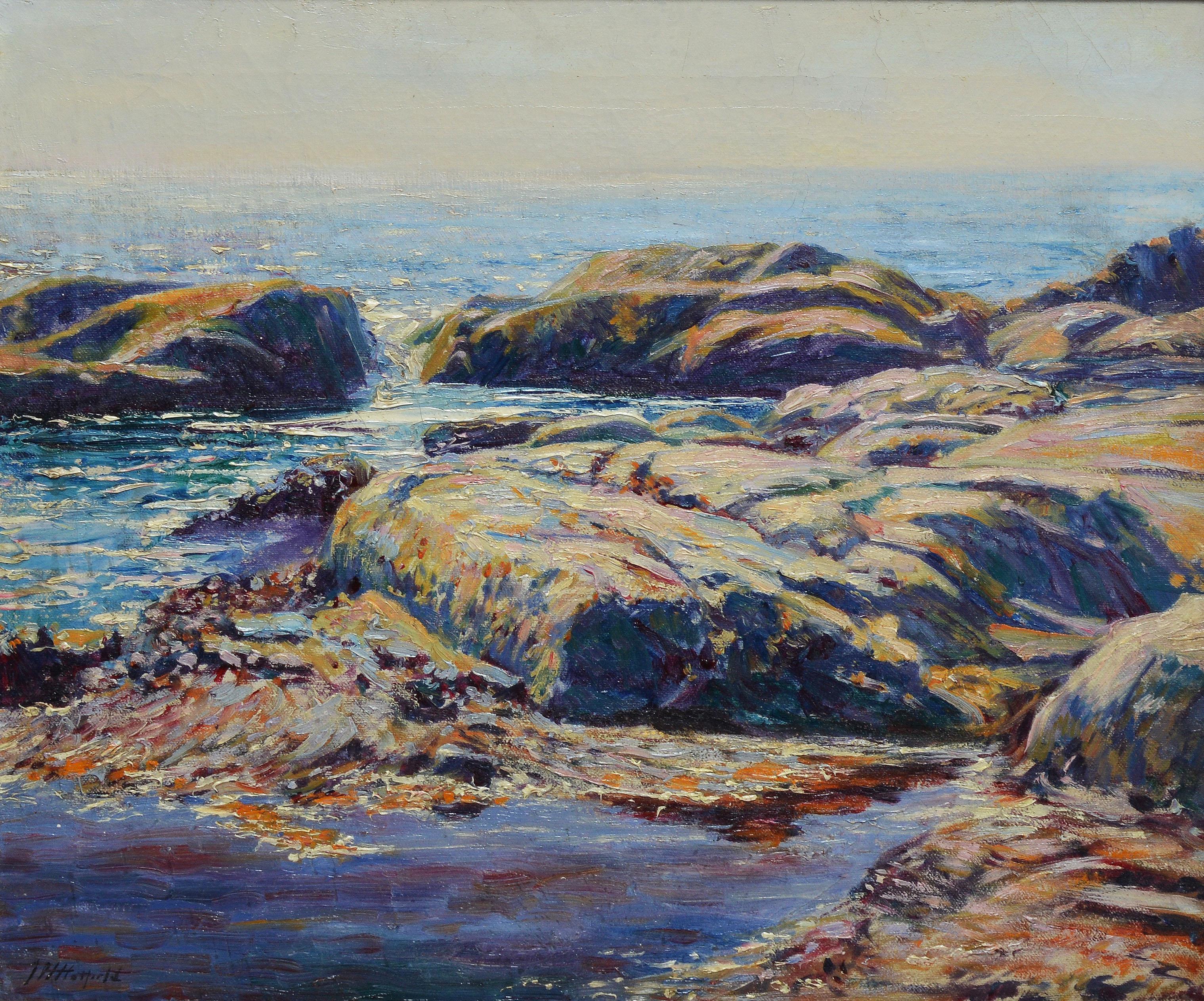 Antikes impressionistisches Ölgemälde einer Küste Neuenglands von Joseph Hatfield (Grau), Landscape Painting, von Joseph Henry Hatfield