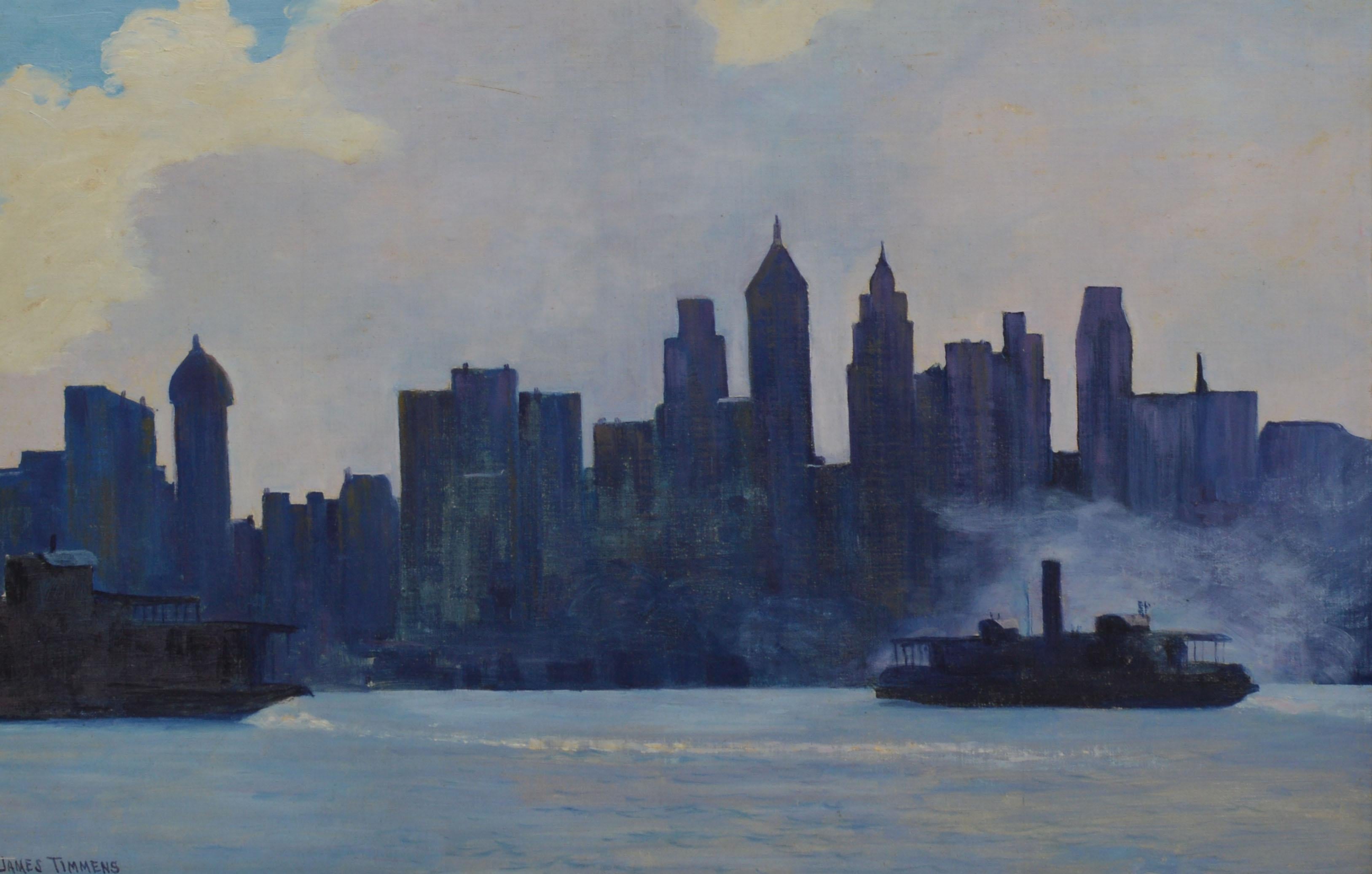 Antique American Modernist Signed Oil Painting of New York Harbor with Boats - Gray Landscape Painting by James Timmens