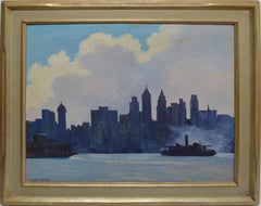 Antique American Modernist Signed Oil Painting of New York Harbor with Boats