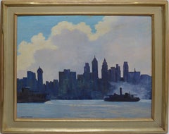 Antique American Modernist Signed Oil Painting of New York Harbor with Boats 