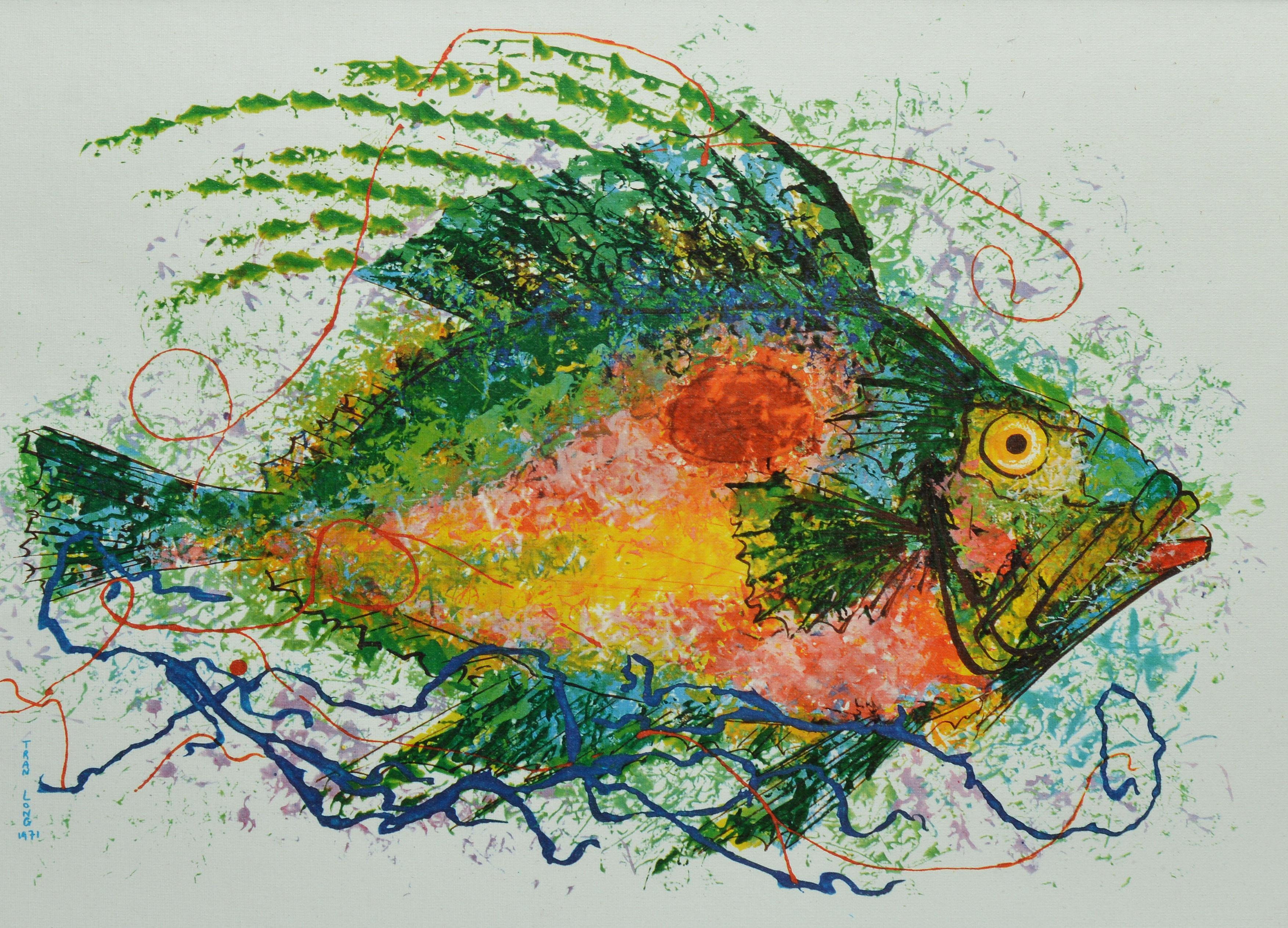 Ritratto di pesce modernista vietnamita d'epoca dipinto a olio da Mara Tran-Long 4