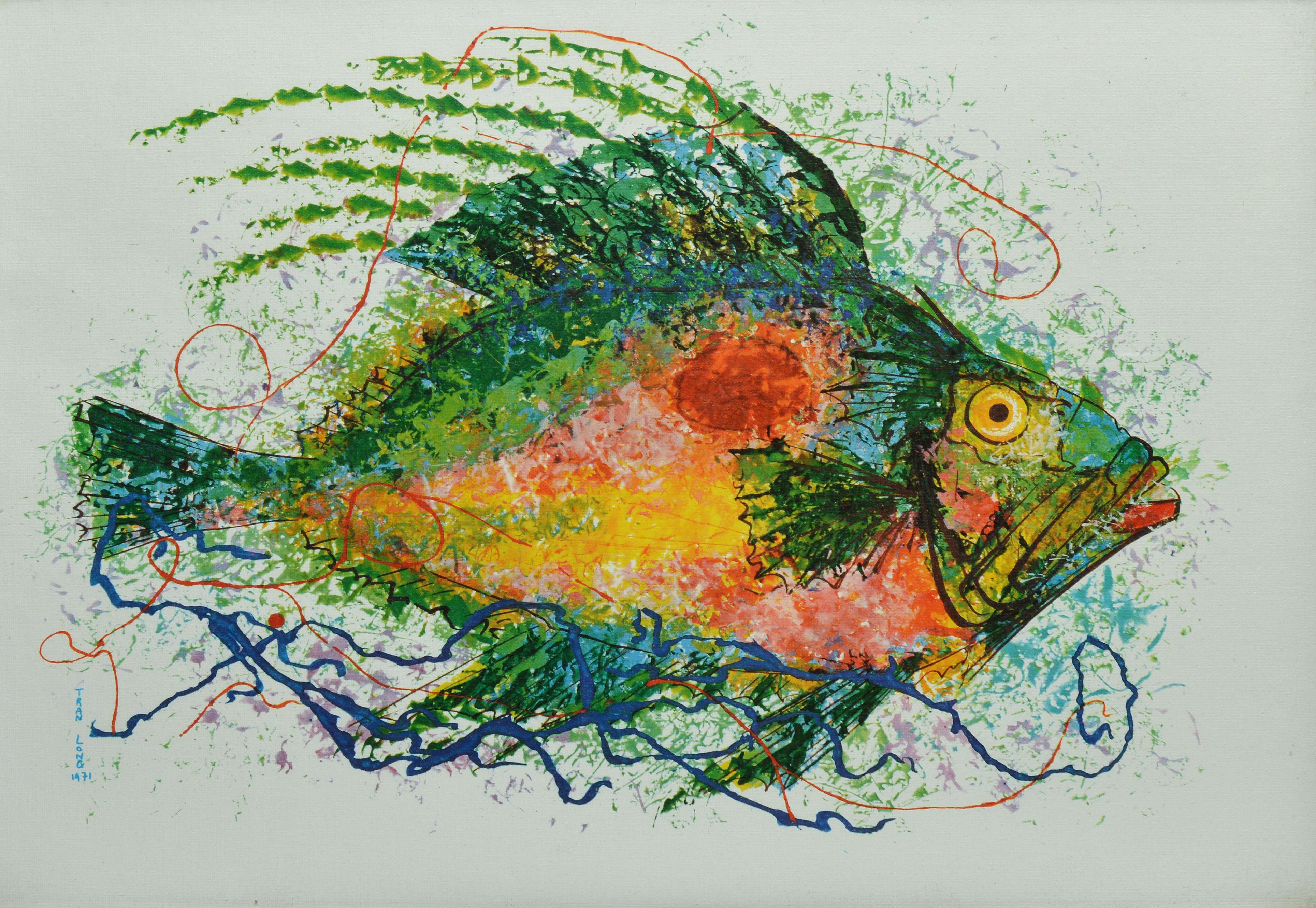 Ritratto di pesce modernista vietnamita d'epoca dipinto a olio da Mara Tran-Long 2