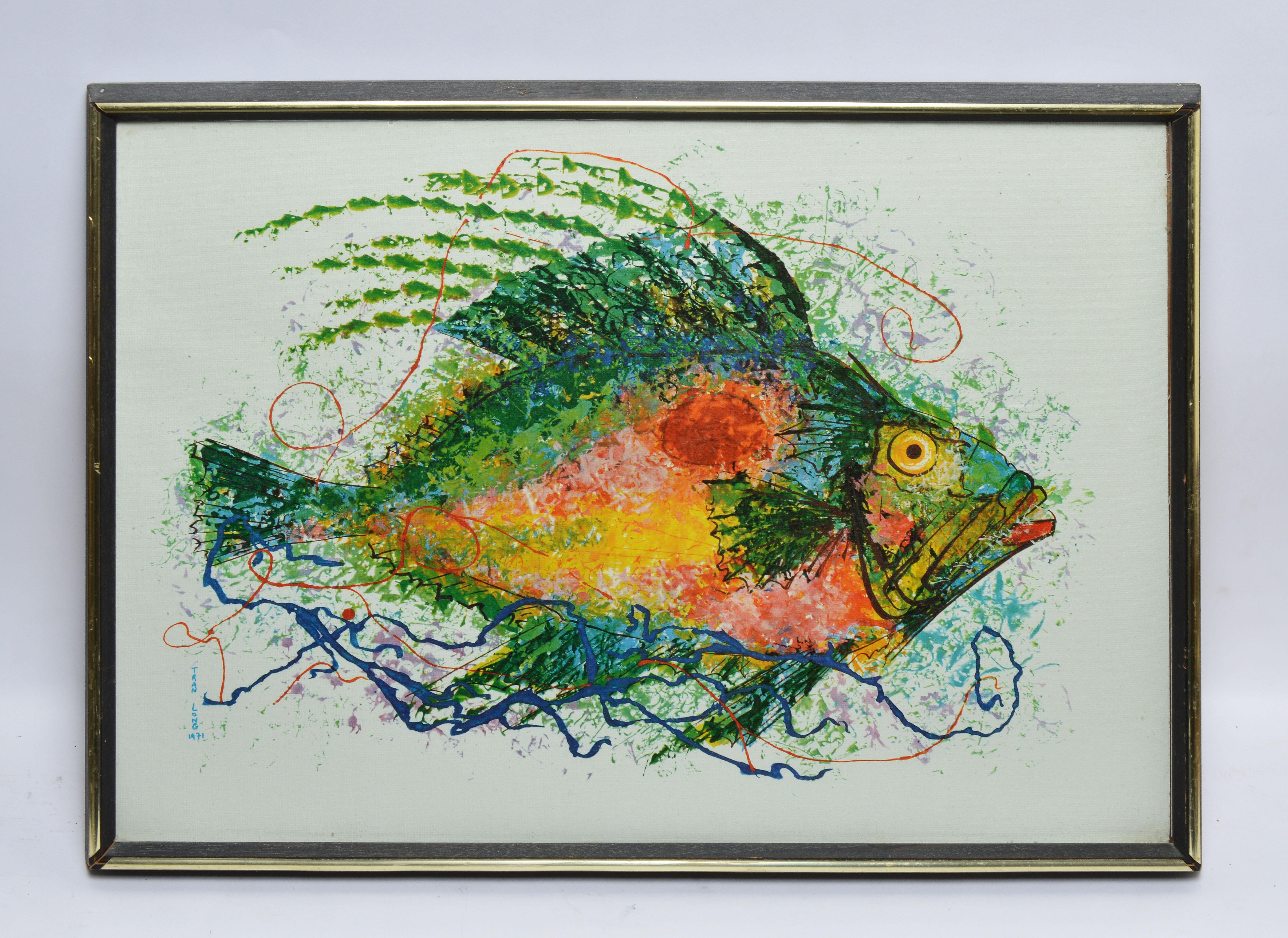 Ritratto di pesce modernista vietnamita d'epoca dipinto a olio da Mara Tran-Long 1
