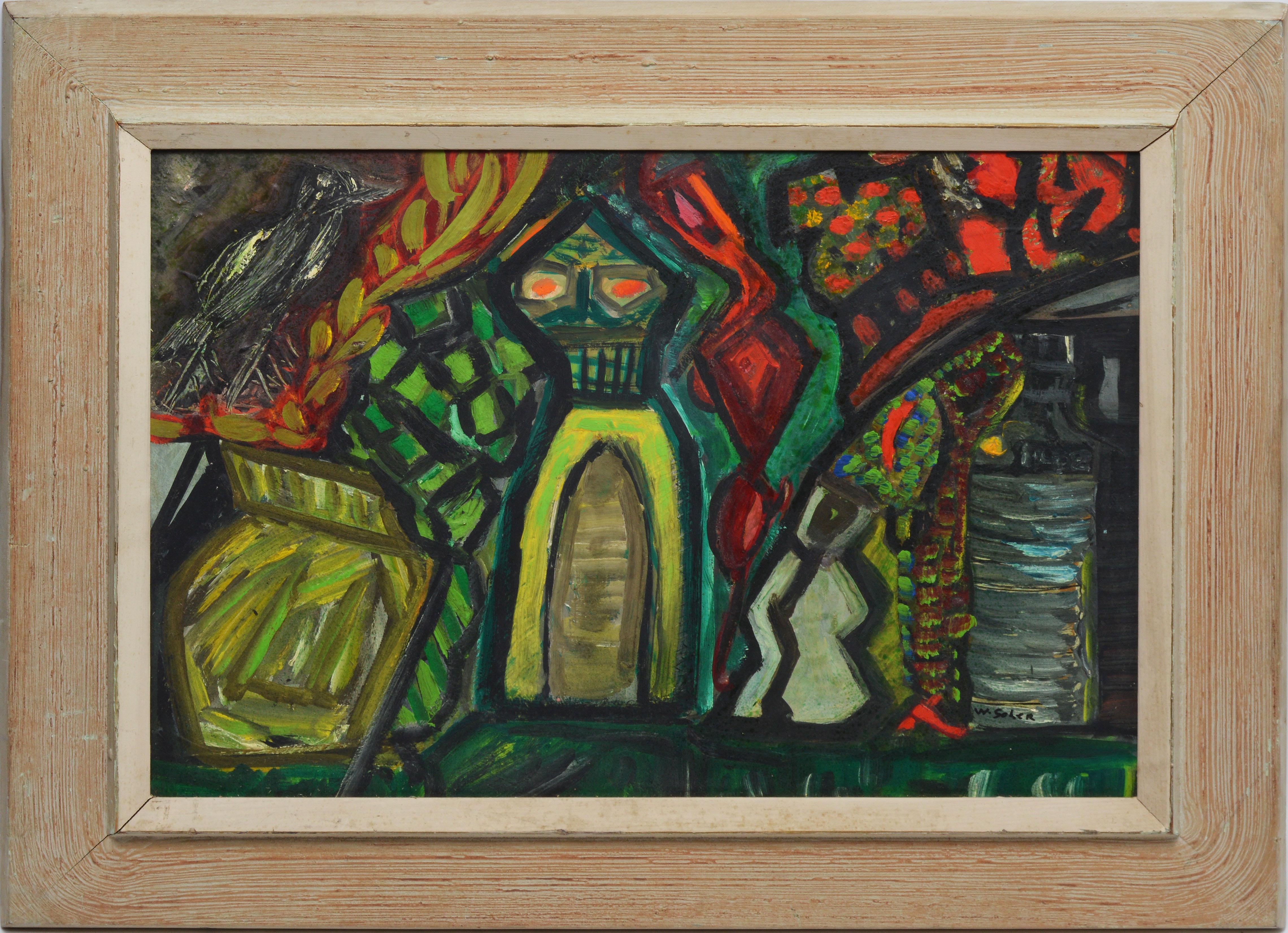 Modernist abstract oil painting  by William Scher.  Oil on board, circa 1940. Signed Scher" lower left. Displayed in a period modernist frame.  Image, 22"L x 16"H, overall 28"L x 22"H.