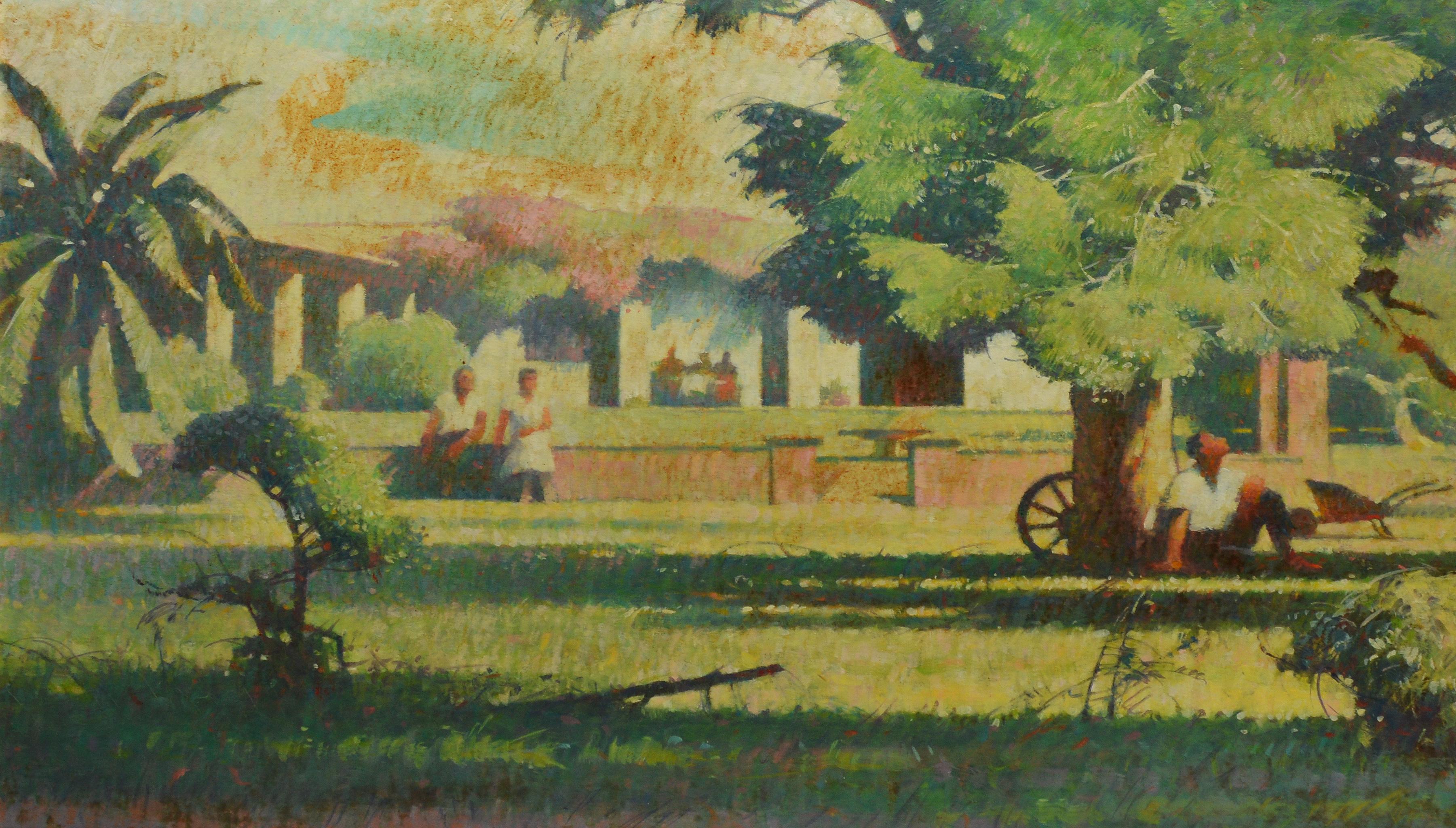 Antique Modernist California Farm Landscape Oil Painting by Harold Miles - Brown Landscape Painting by Harold Whiting Miles