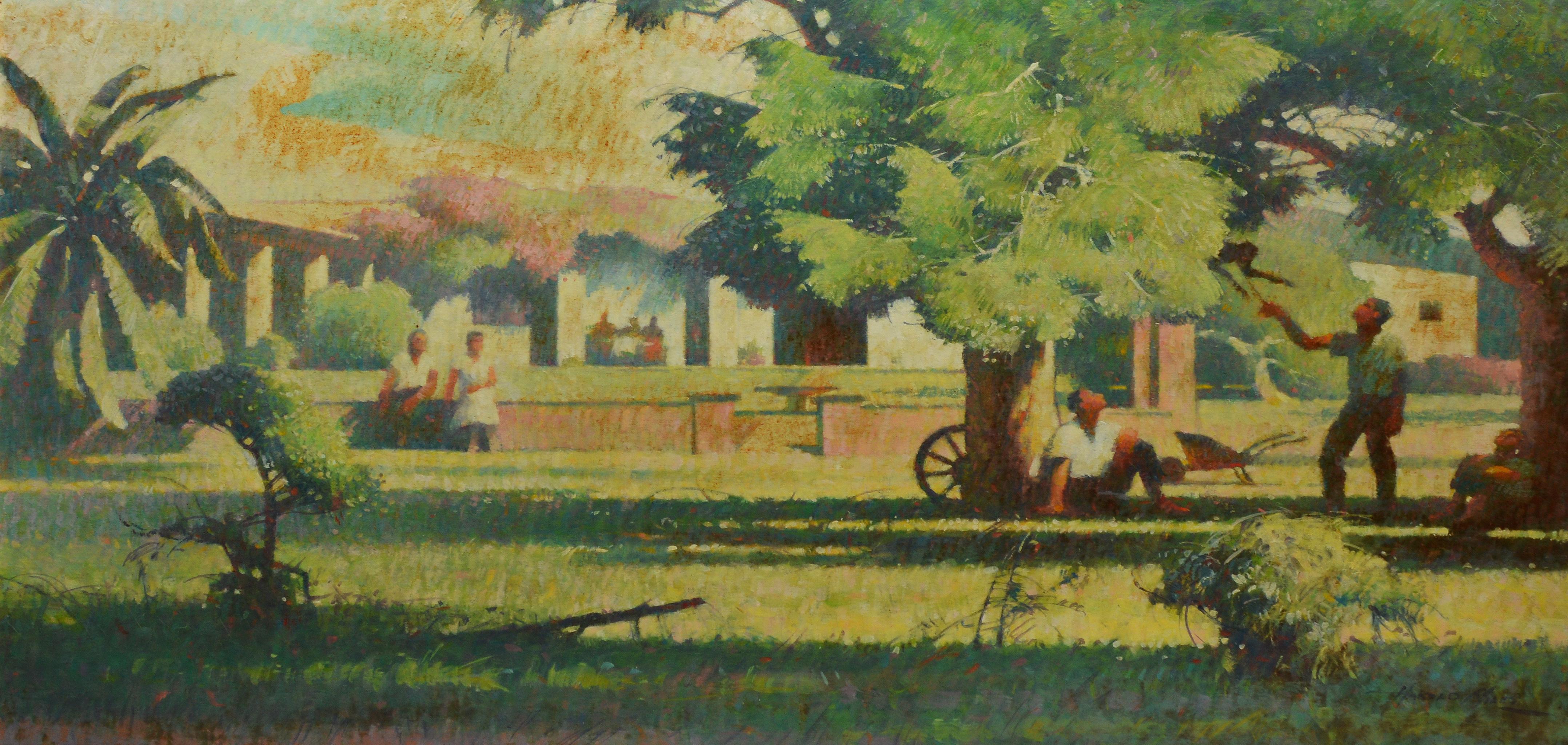Vintage modernist California farm landscape painting by Harold W. Miles  (1887 - 1963).  Oil on canvas, circa 1930.  Signed.  Displayed in a period modernist frame.  Image, 36