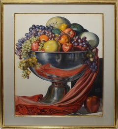 Vintage American Modernist Fruit Still Life Realist Painting by Leo Katz