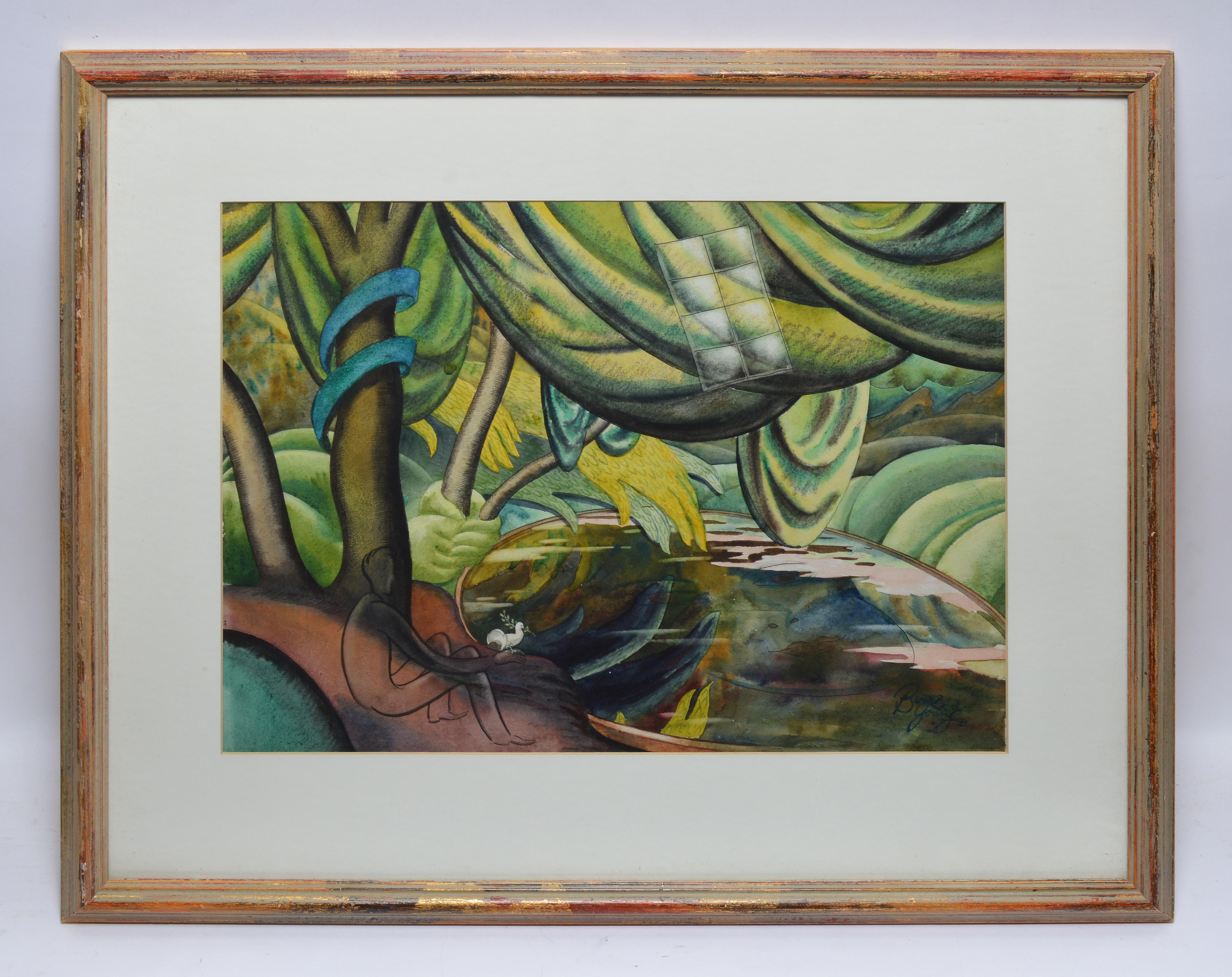 Vintage English surrealist watercolor by Beric Young (1902-1963).  Watercolor and gouache on paper, circa 1941.  Signed lower right.  Displayed in a period modernist frame.  Image, 18