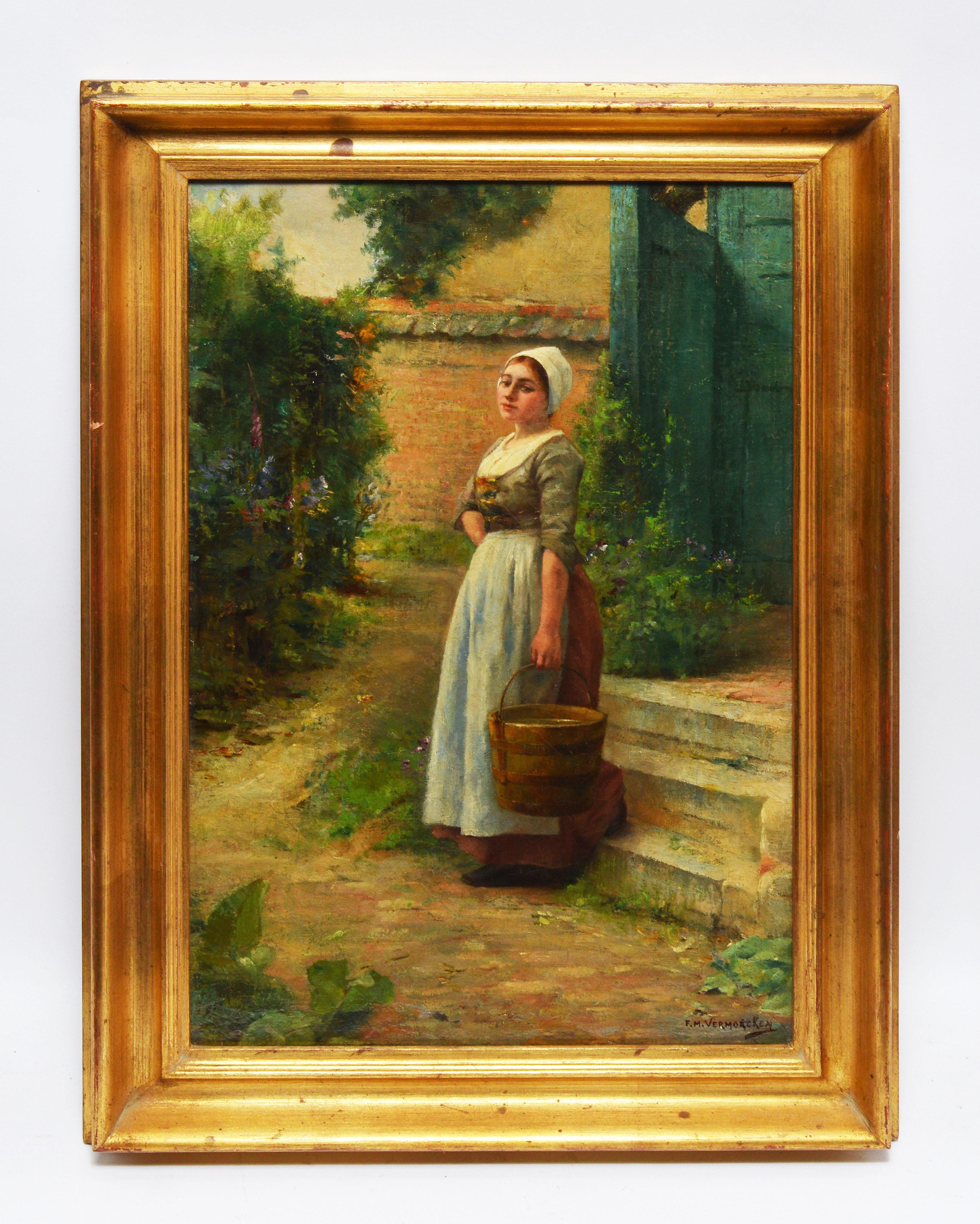 Antique impressionist oil painting of a young woman in a garden by Frederic Marie Vermorcken  (1860 - 1946).  Oil on canvas, circa 1900. Signed.  Displayed in a giltwood frame.  Image, 11.5