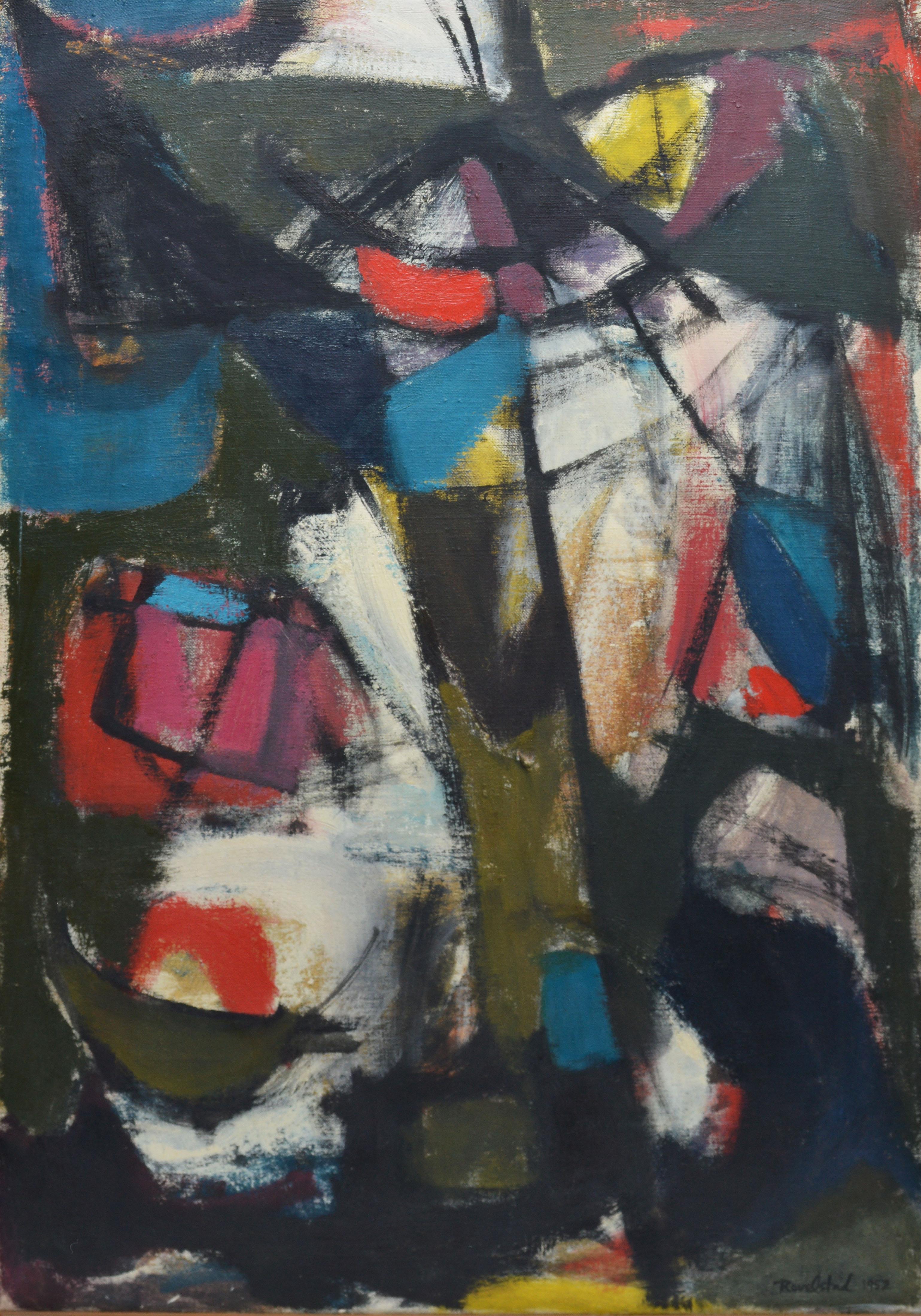 Vintage abstract expressionist oil painting by Trygve A Rovelstad  (1903 - 1990).  Oil on canvas, circa 1952. Signed.  Displayed in a Kulicke frame.  Image, 18