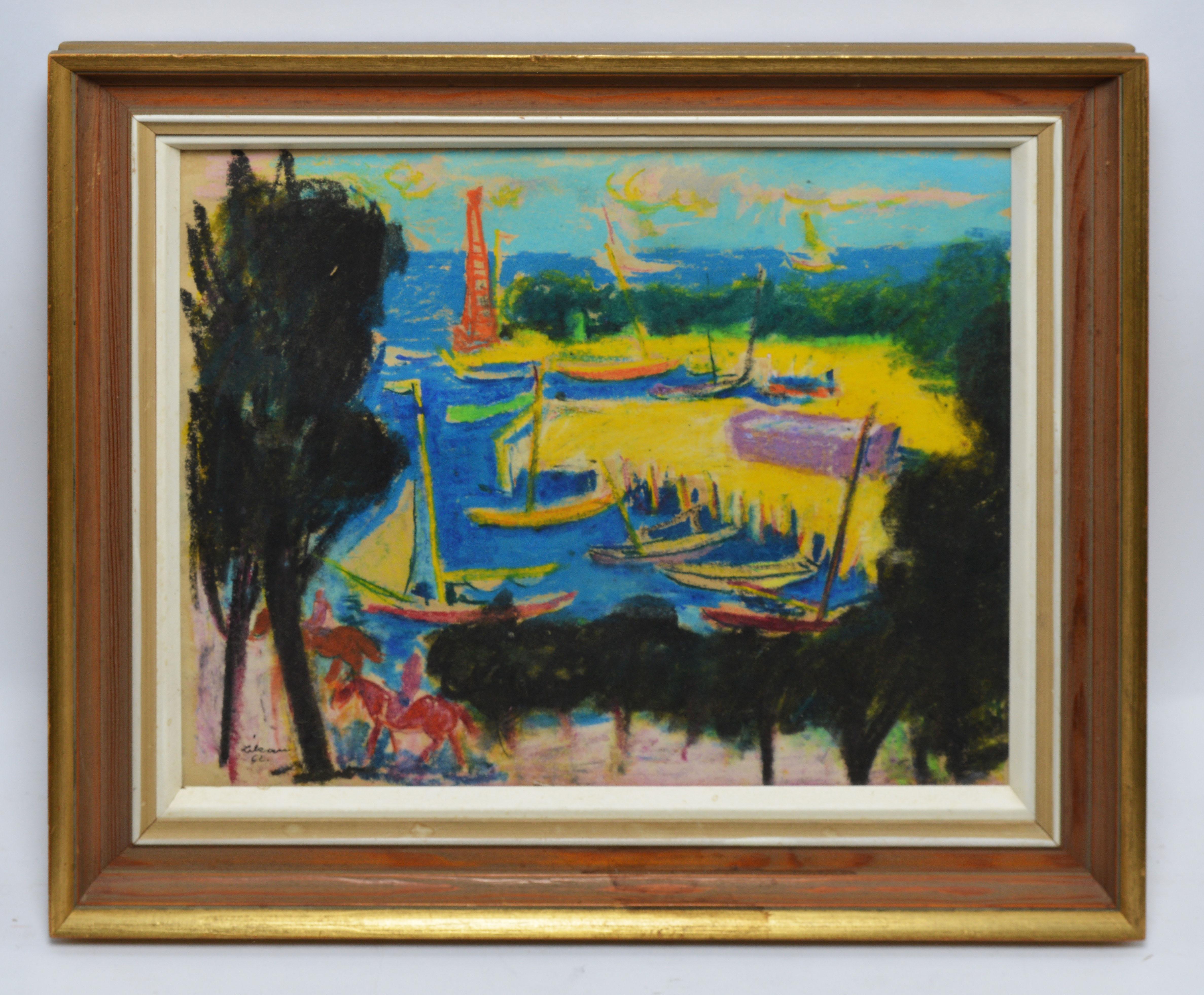 Vintage modernist tropical harbor view by Gustav Likan  (1912 - 1998).  Pastel on paper, circa 1962.  Signed.  Displayed in a giltwood frame.  Image, 16