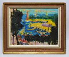 Vintage Modernist Tropical Harbor View by Gustav Likan