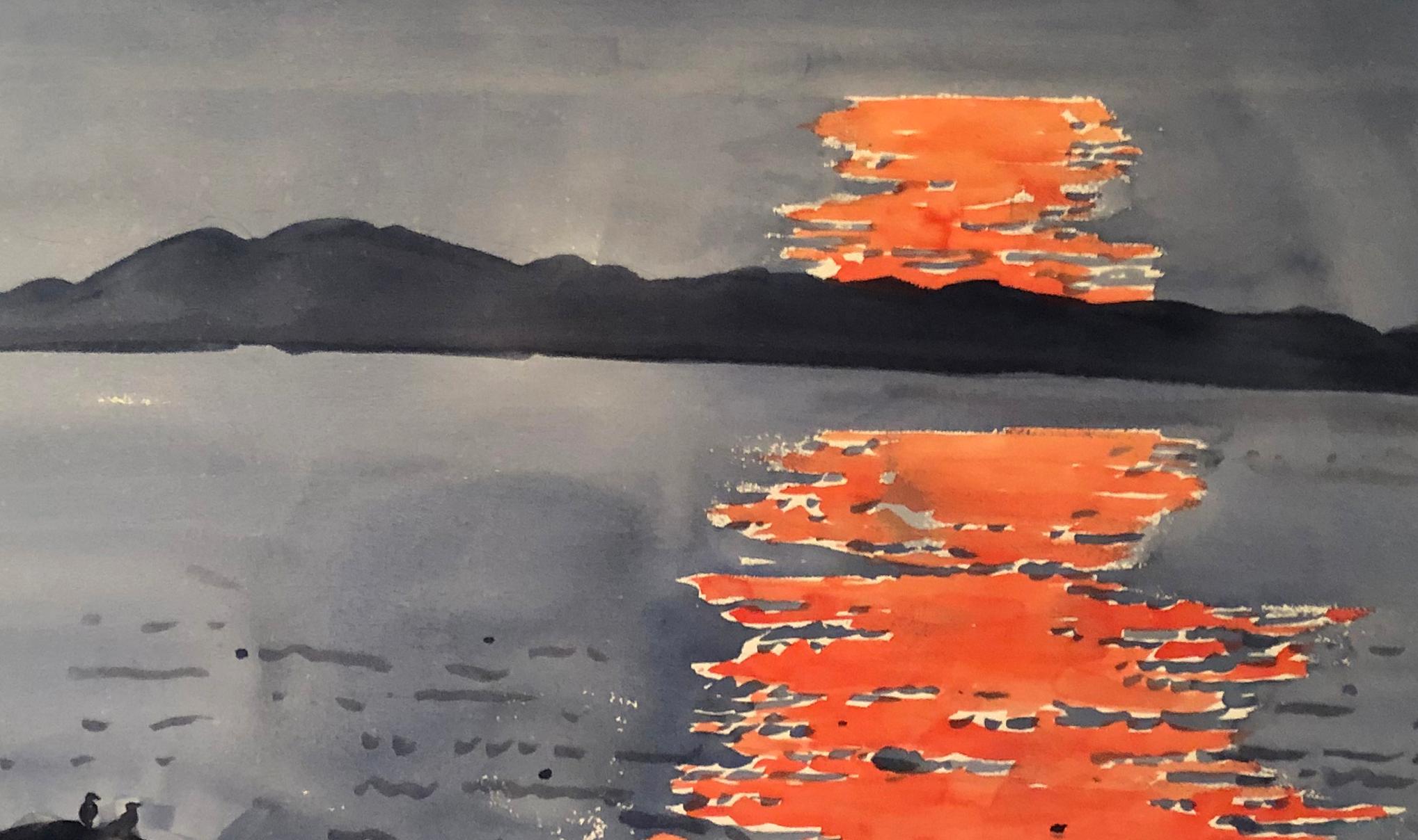Mid Century Watercolor Female Artist Jeanette Blair Sunset Lake Blue Orange 1