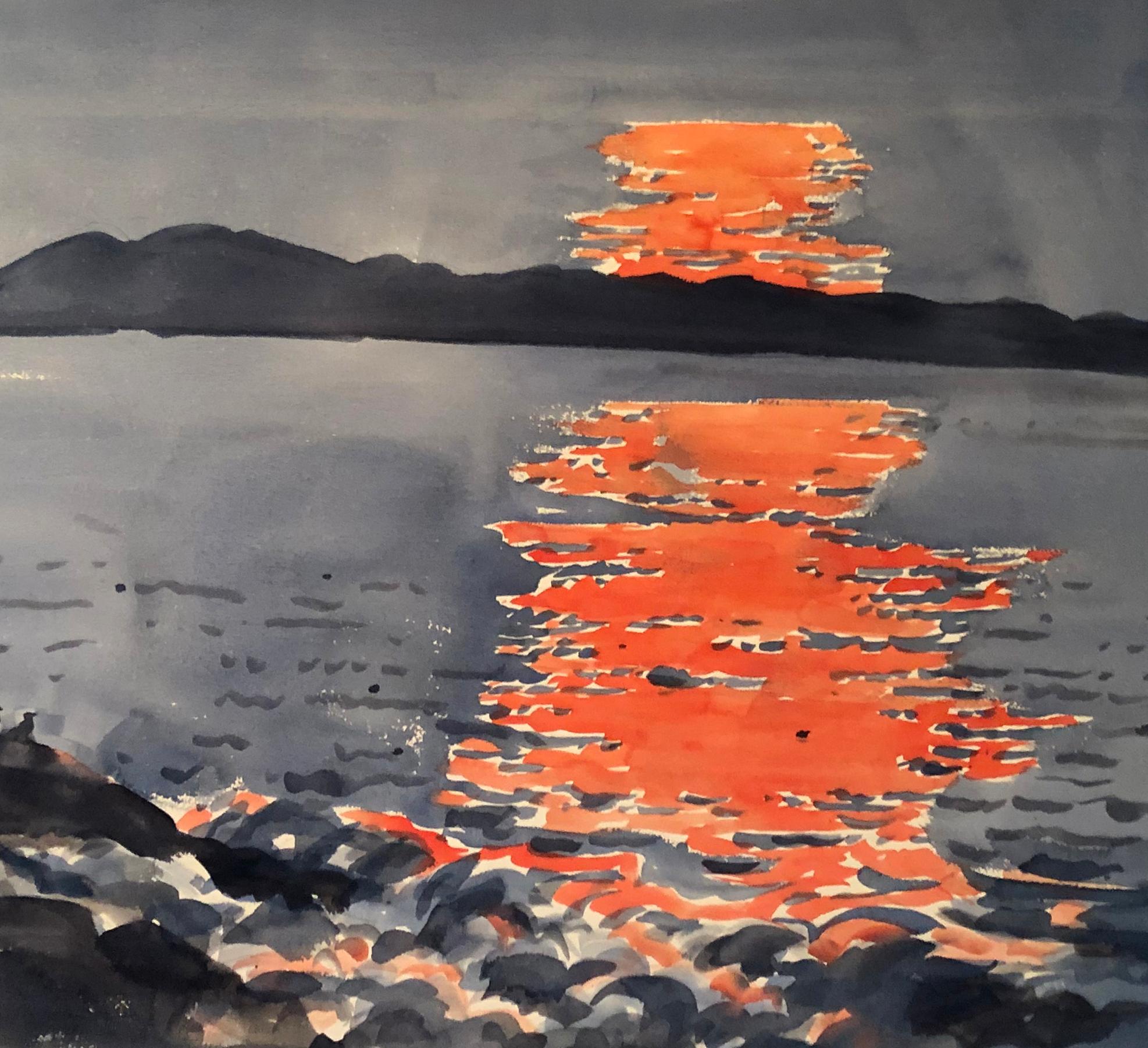 Mid Century Watercolor Female Artist Jeanette Blair Sunset Lake Blue Orange 2