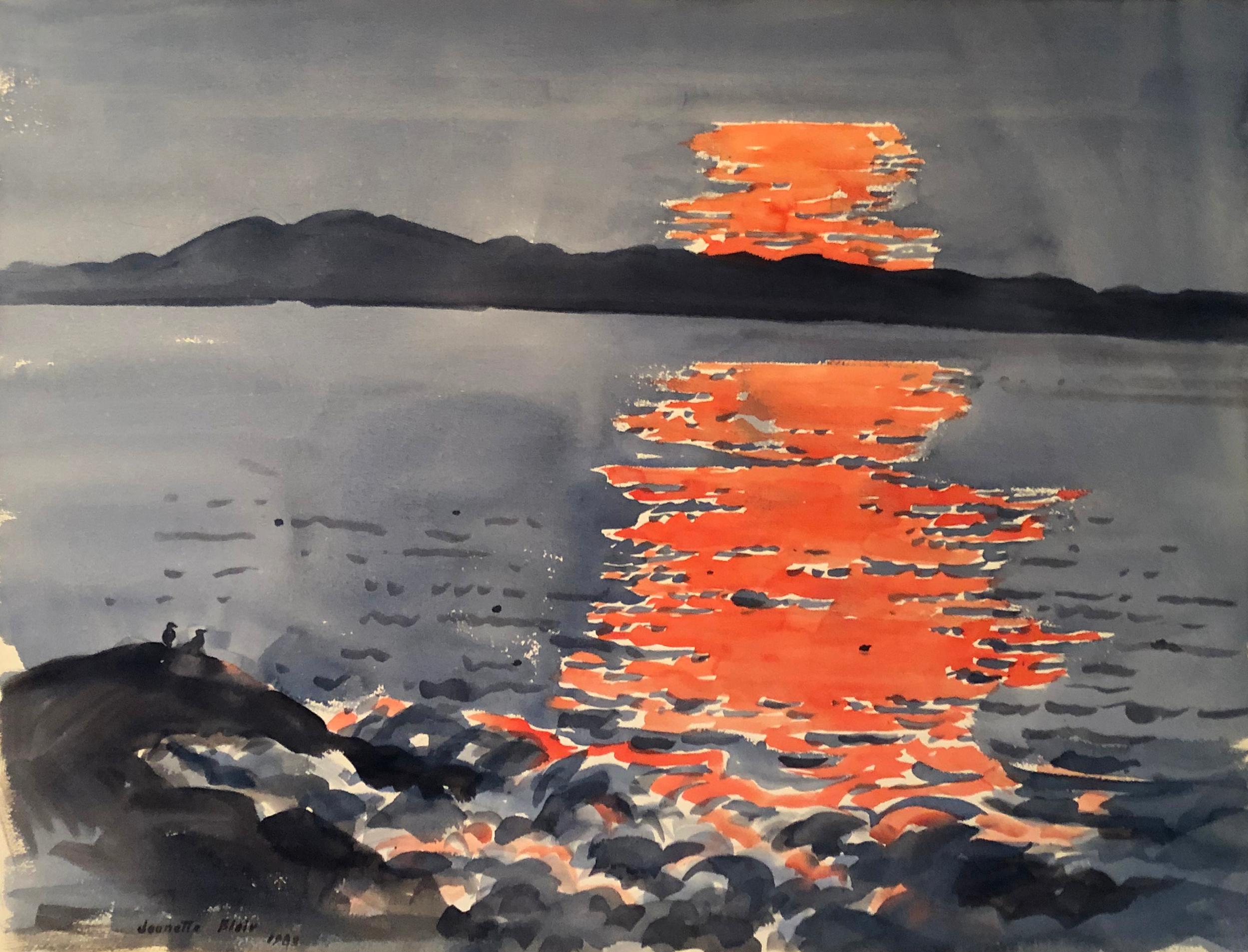 An original watercolor by American Modernist painter Jeanette Blair depicting a sunset over Lake Erie, created Circa 1988.

This painting comes with a contemporary black wood square profile frame presentation.

Blair (1922-2016 ) was a watercolorist