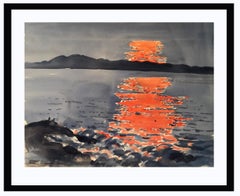 Mid Century Watercolor Female Artist Jeanette Blair Sunset Lake Blue Orange