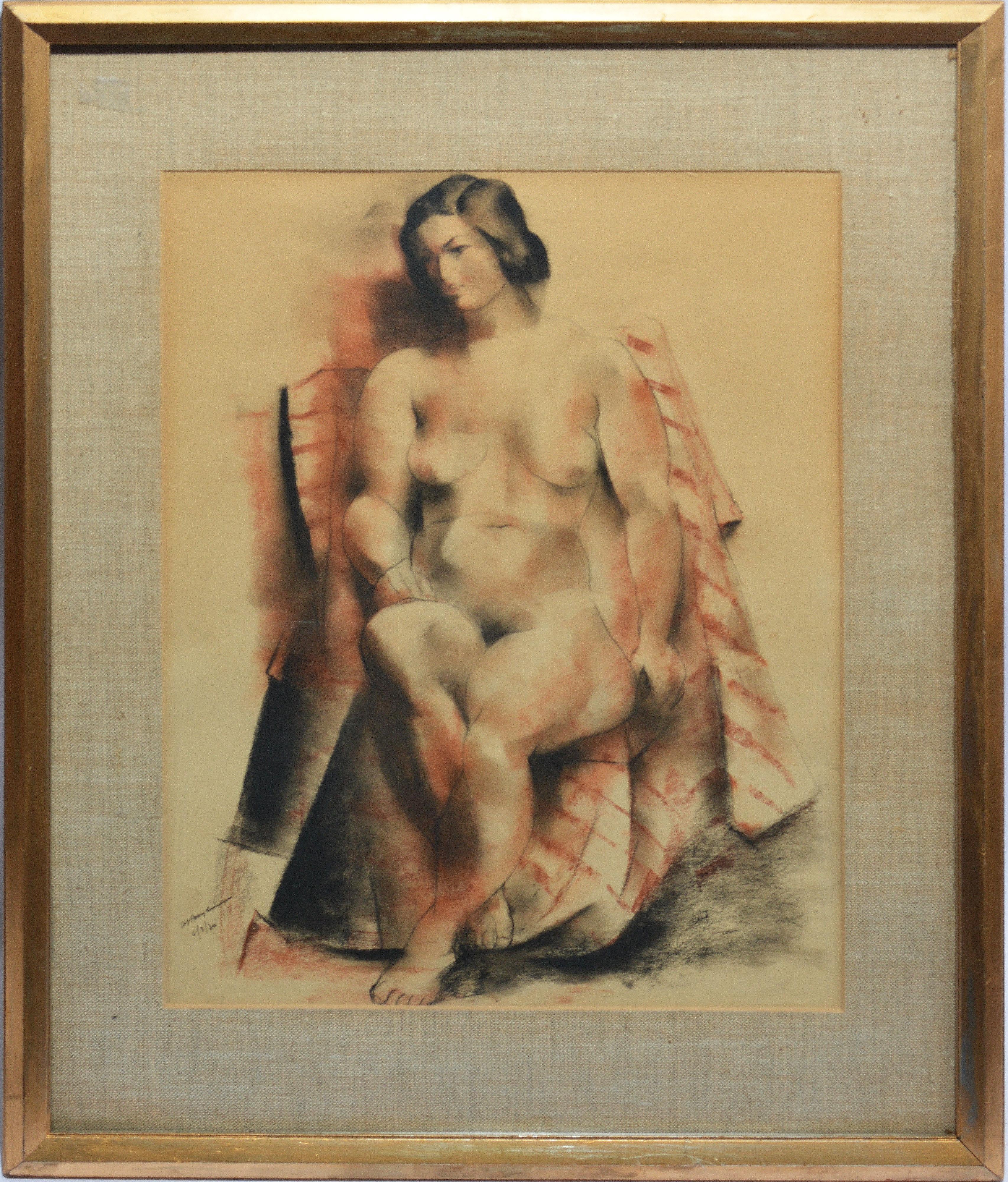 Antique modernist nude painting by Abraham Baylinson  (1882 - 1950).  Watercolor and gouache on paper, circa 1930.  Signed.  Displayed in a period modernist frame.  Image, 14"L x 19"H, overall 21"L x 27"H.