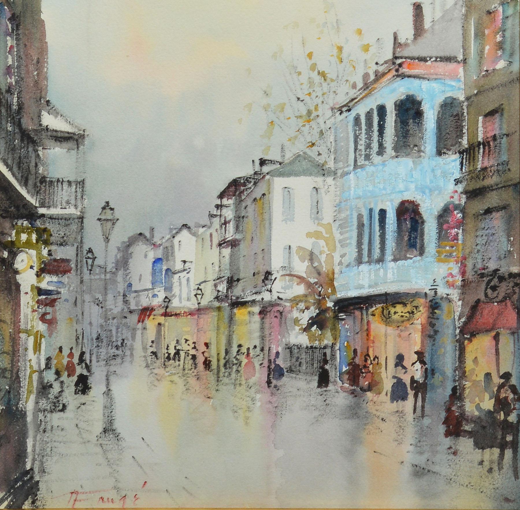 Antique cityscape painting of New Orleans by Nestor Fruge  (1914 - 2011).  Watercolor and gouache on paper, circa 1950.  Signed.  Displayed in a period wood frame.  Image, 11