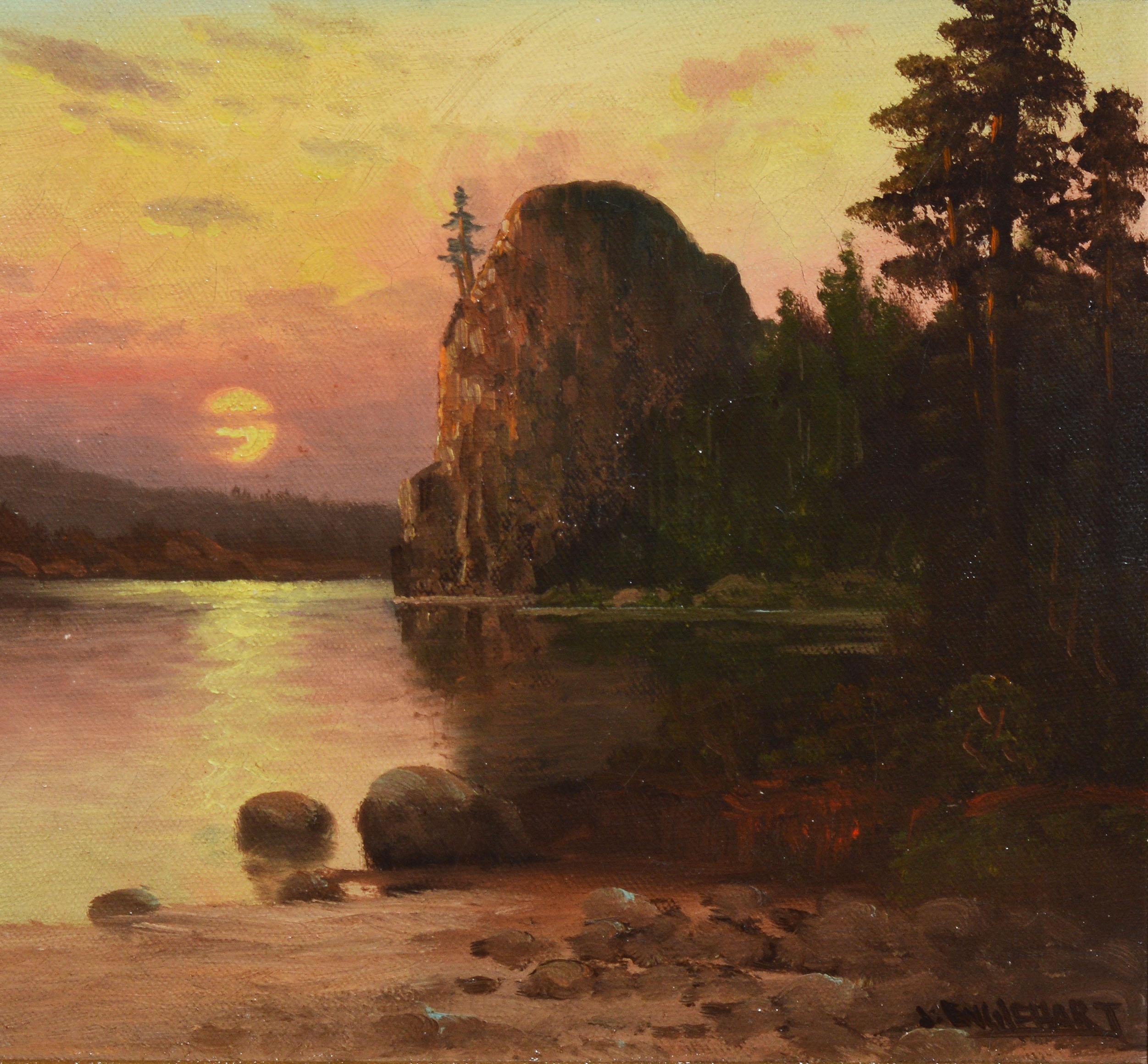 Antique western sunset landscape oil painting by John Englehart  (1867 - 1915).  Oil on canvas, circa 1880.  Signed.  Displayed in a giltwood frame.  Image, 14